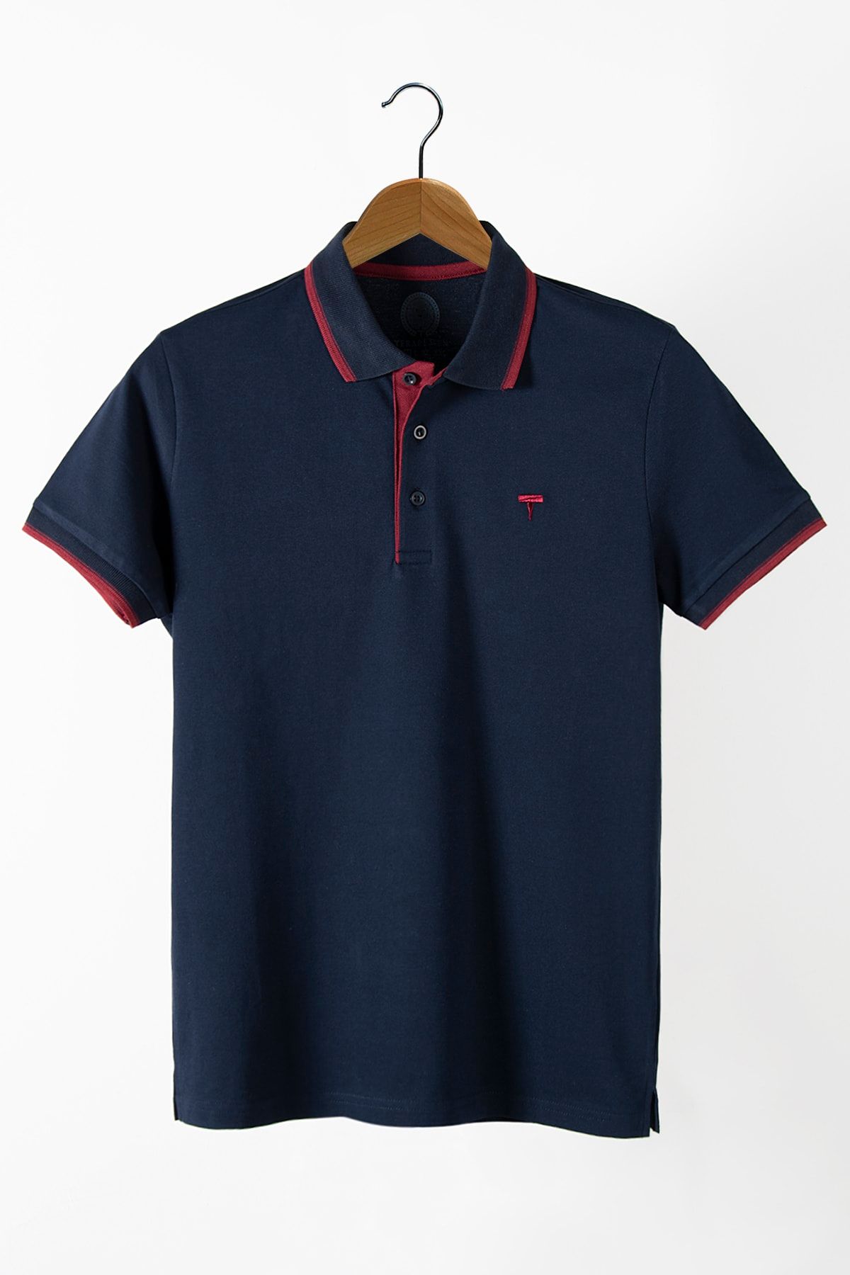 VEAVEN Erkek Lacivert Yakası Çizgili Polo Yaka T-shirt