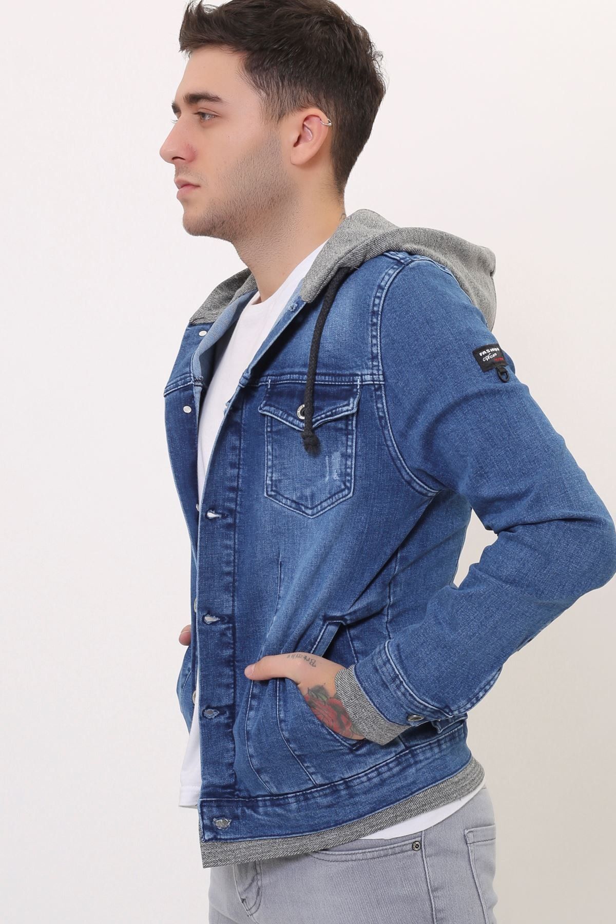 LTC Jeans Kapüşonlu Erkek Mavi Kot Ceket Baskı Detay