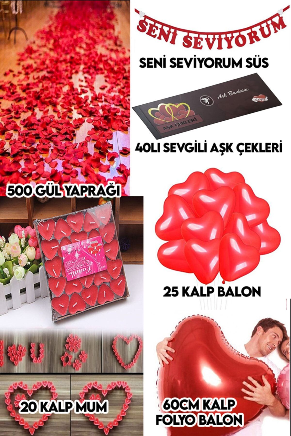 Parti Dolabı Evlilik Aşk Paketi Kalp mum, gül yaprağı balon yıl dönümü teklifi