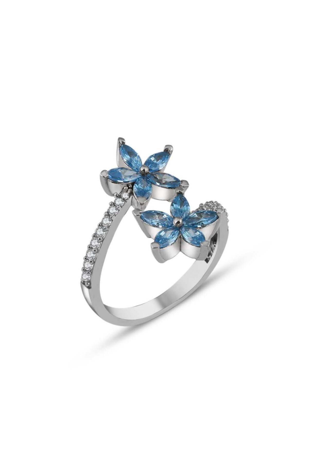 Mavili Gümüş Mikro Taşlı Mavi Kardelen Çiçeği Gümüş Yüzük