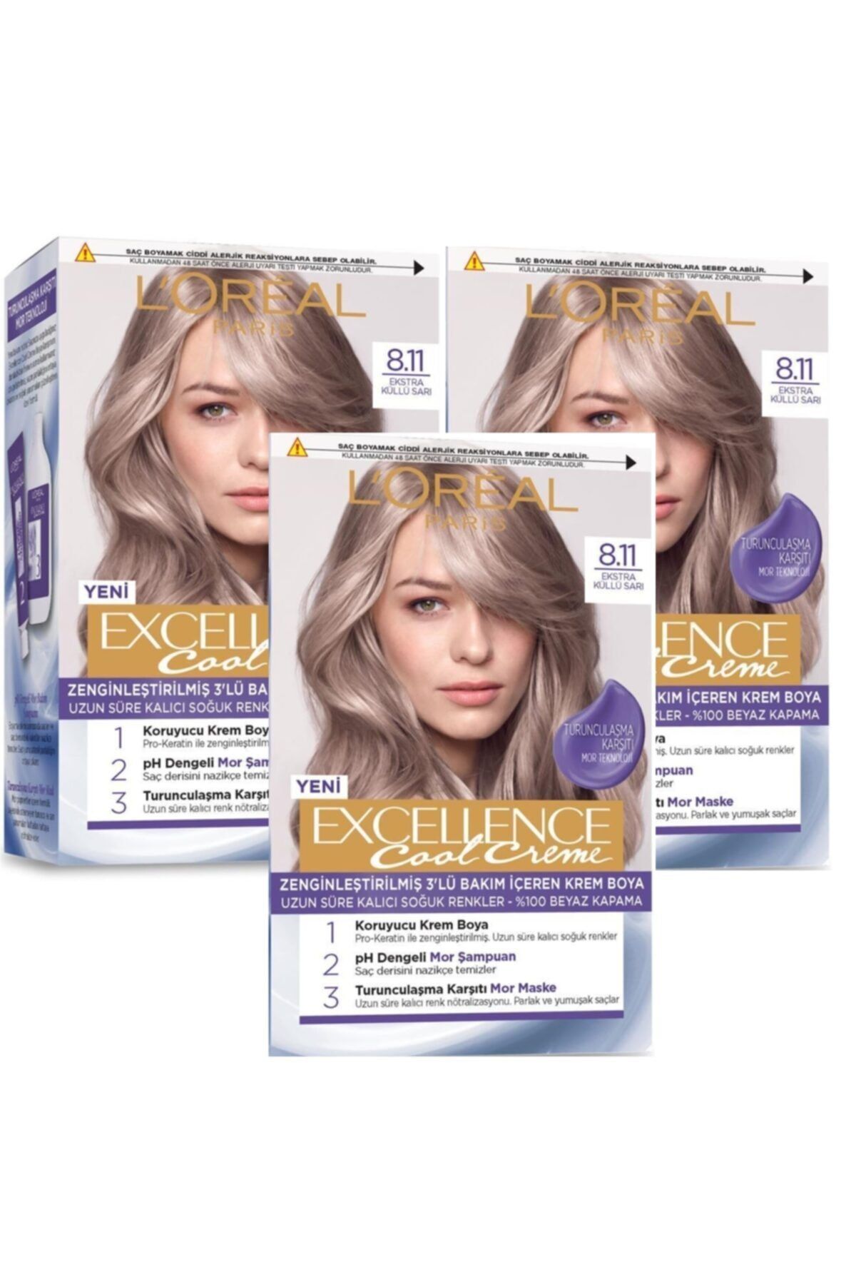 L'Oreal Paris Excellence Cool Creme Saç Boyası – 8.11 Ekstra Küllü Sarı 3'lü Set