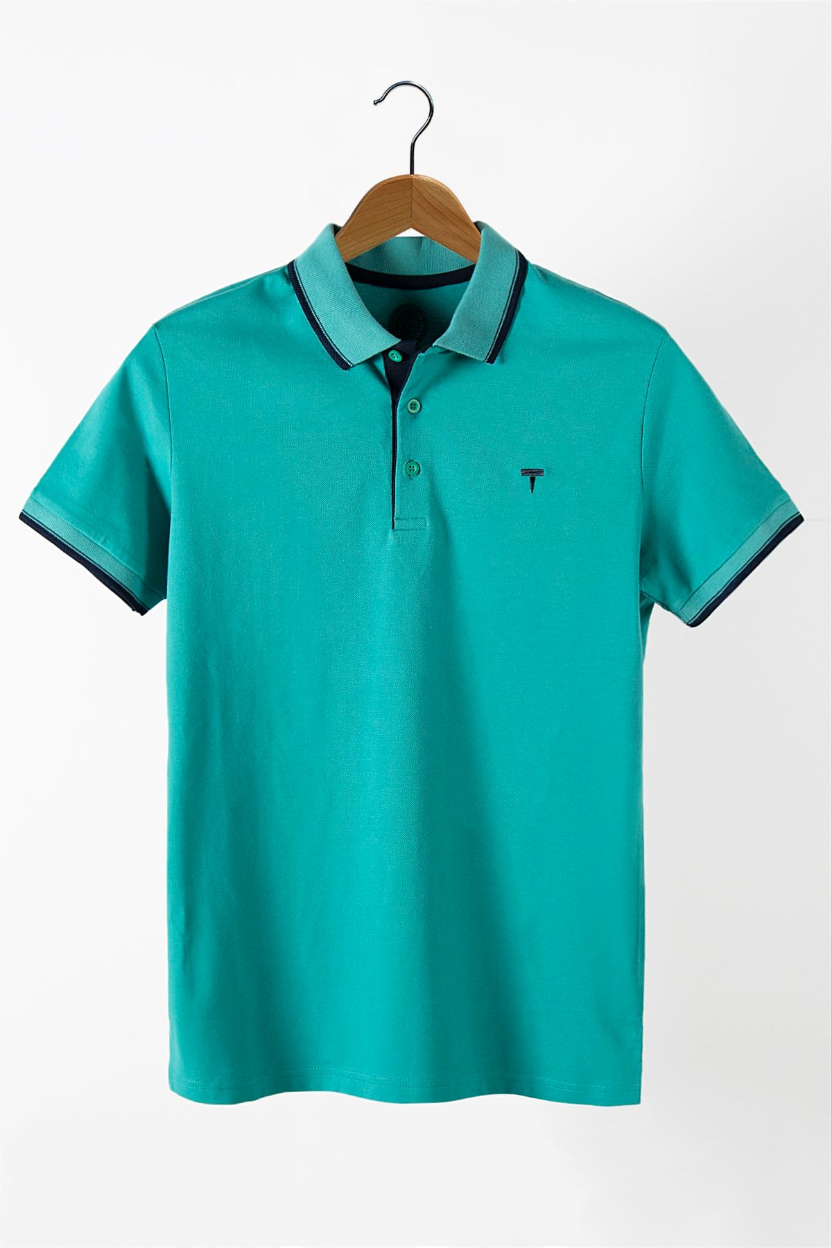 VEAVEN Erkek Aqua Yakası Çizgili Polo Yaka T-shirt