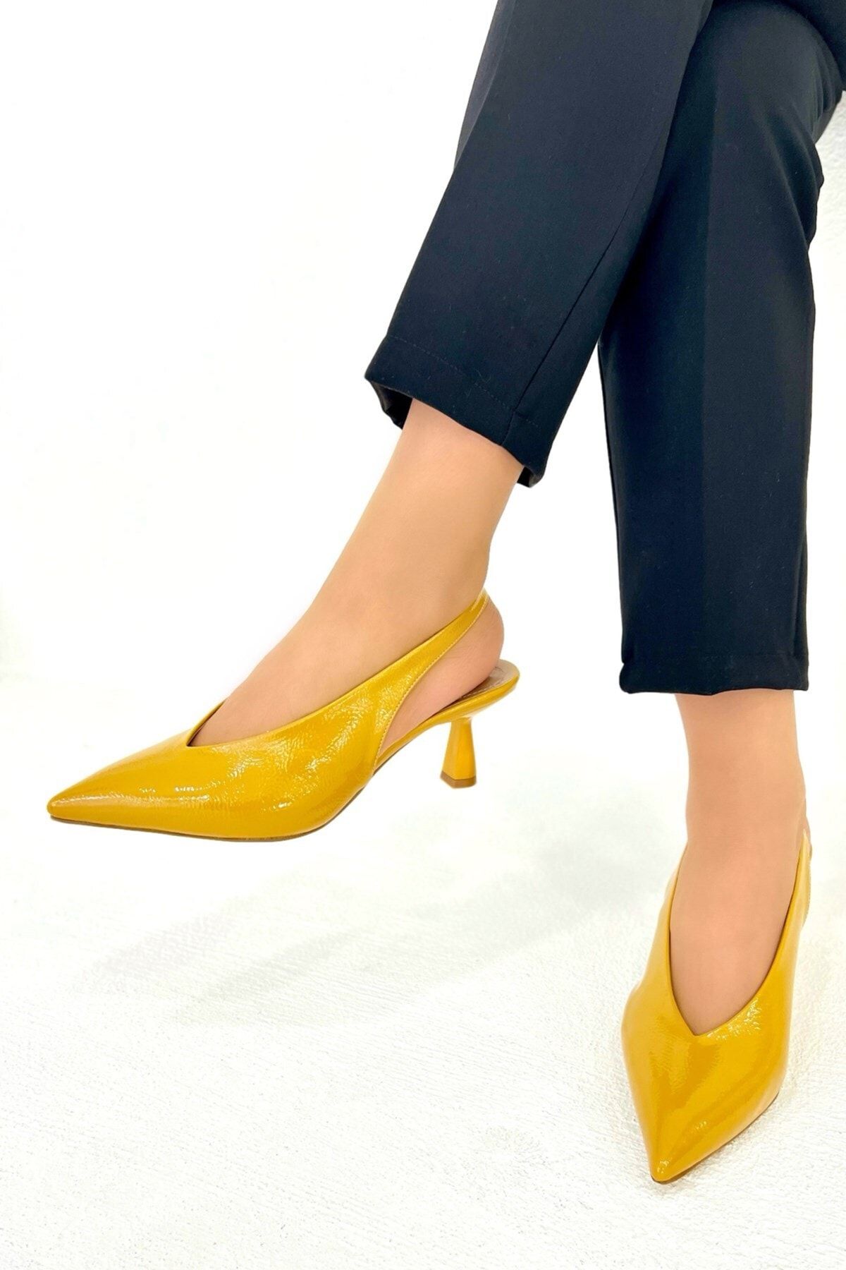 LAMİNTA Mondre Hardal Deri Kırışık Rugan Kadın Topuklu Ayakkabı