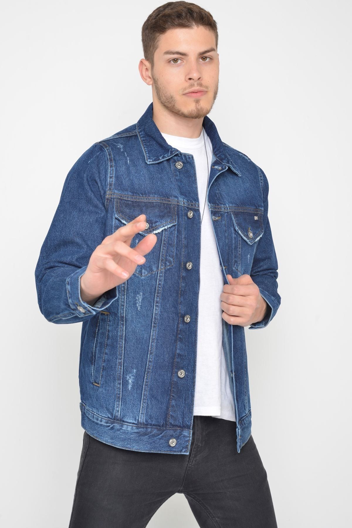 LTC Jeans Erkek Koyu Mavi Yıkamalı Yıpratmalı Düğmeli Kot Ceket
