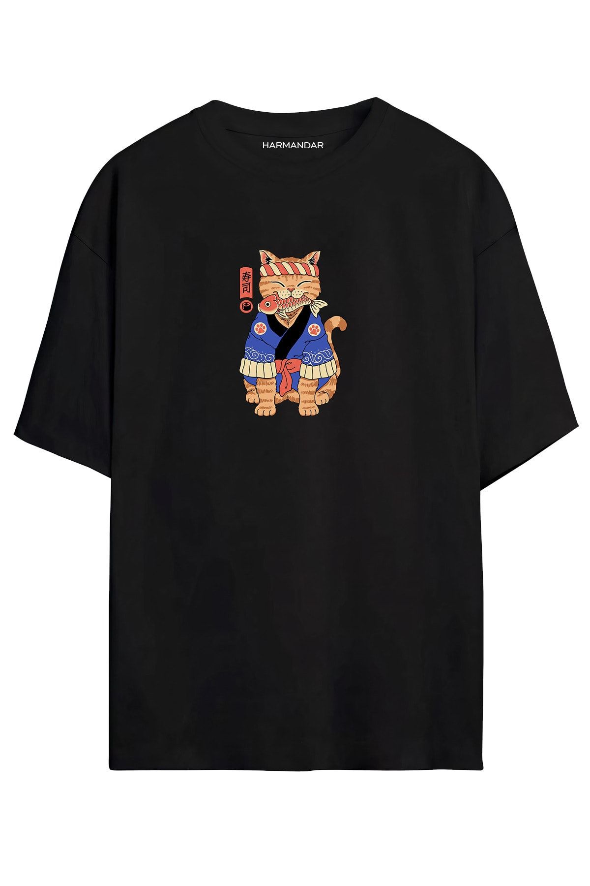 Harmandar ? Anime Kedi Baskılı Unisex Siyah Oversize T-shirt