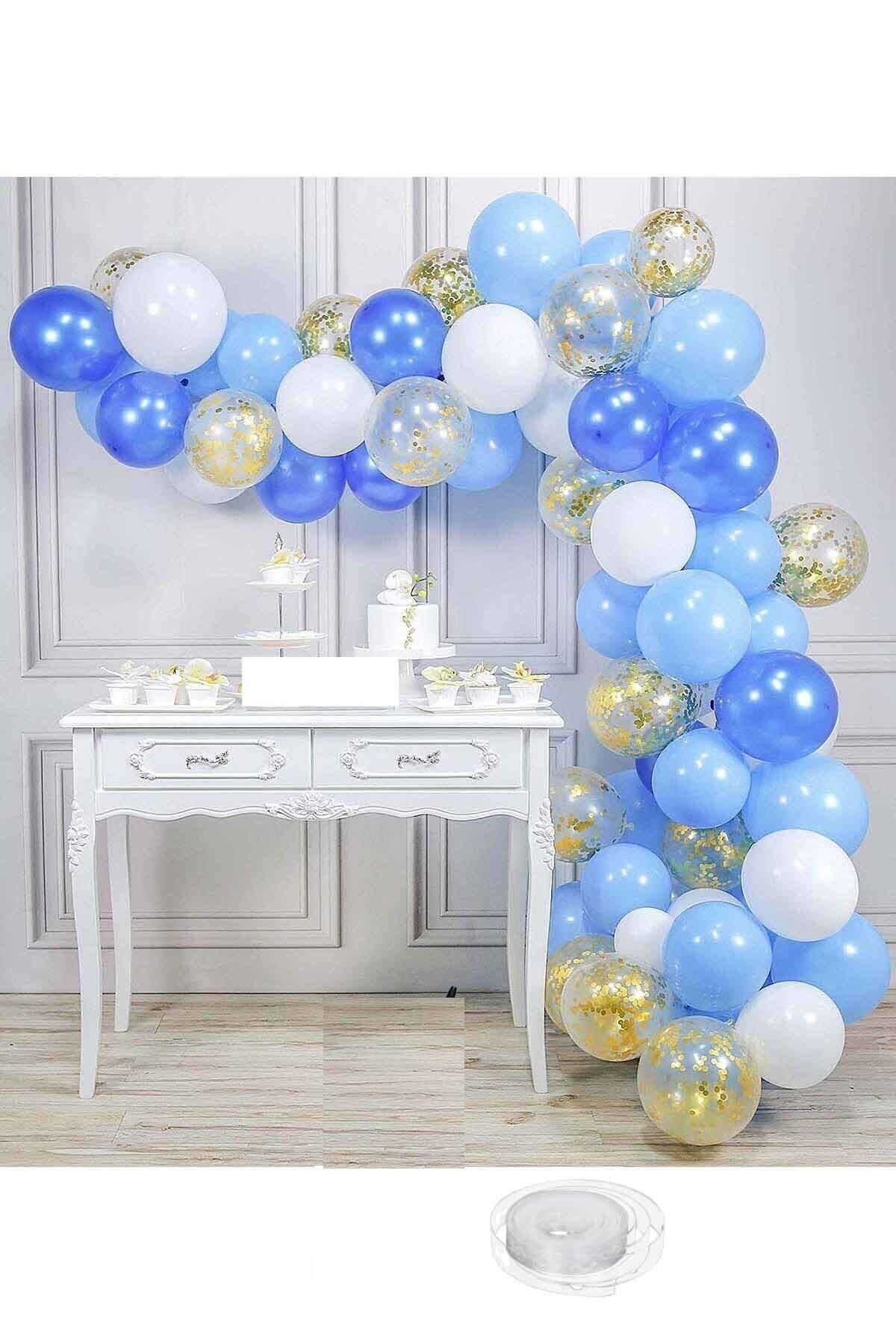 TATLI GÜNLER 50 Adet Beyaz-açık Mavi-lacivert-altın Konfetili Şeffaf Doğum Günü Balon Zinciri 52 Parça