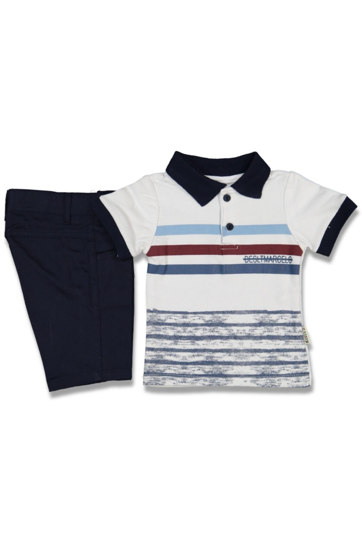 Necix's Çizgili Erkek Çocuk Beyaz / Lacivert 2 Parça T-shirt / Şort Takım 91590