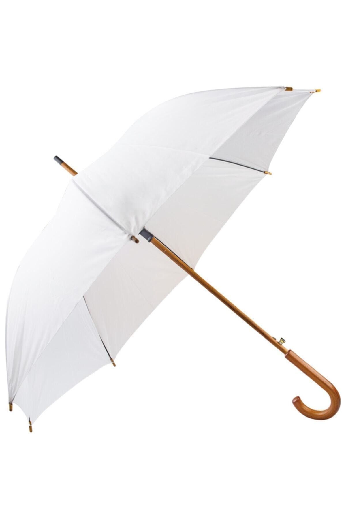 EGESTA Çift Kat, Fiber Glass Mekanizmalı, Renkli Ahşap Saplı Baston Şemsiye - Beyaz