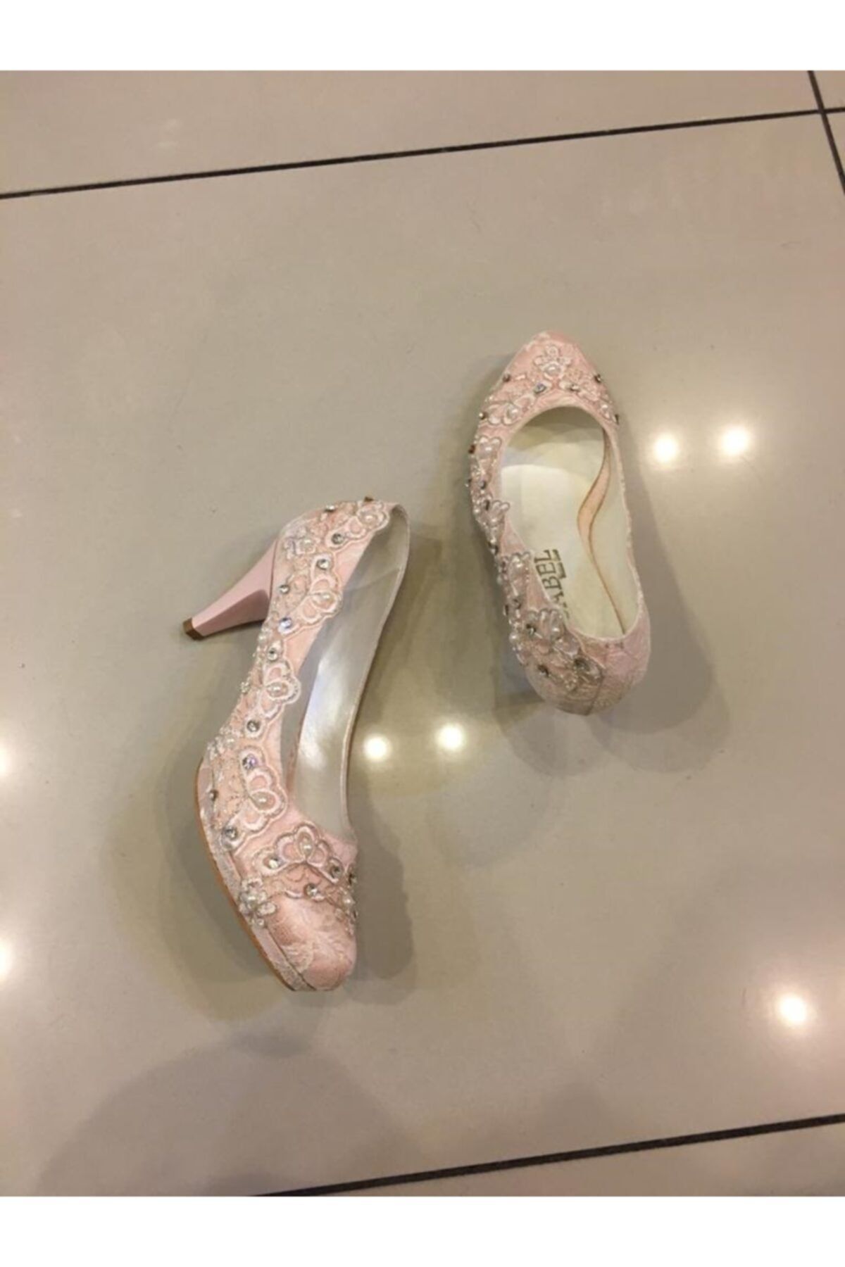 Isabel Gelin Ve Abiye Ayakkabısı Pudro Renkli Taşlı Boncuklu Platform Topuk Boyu 11 cm