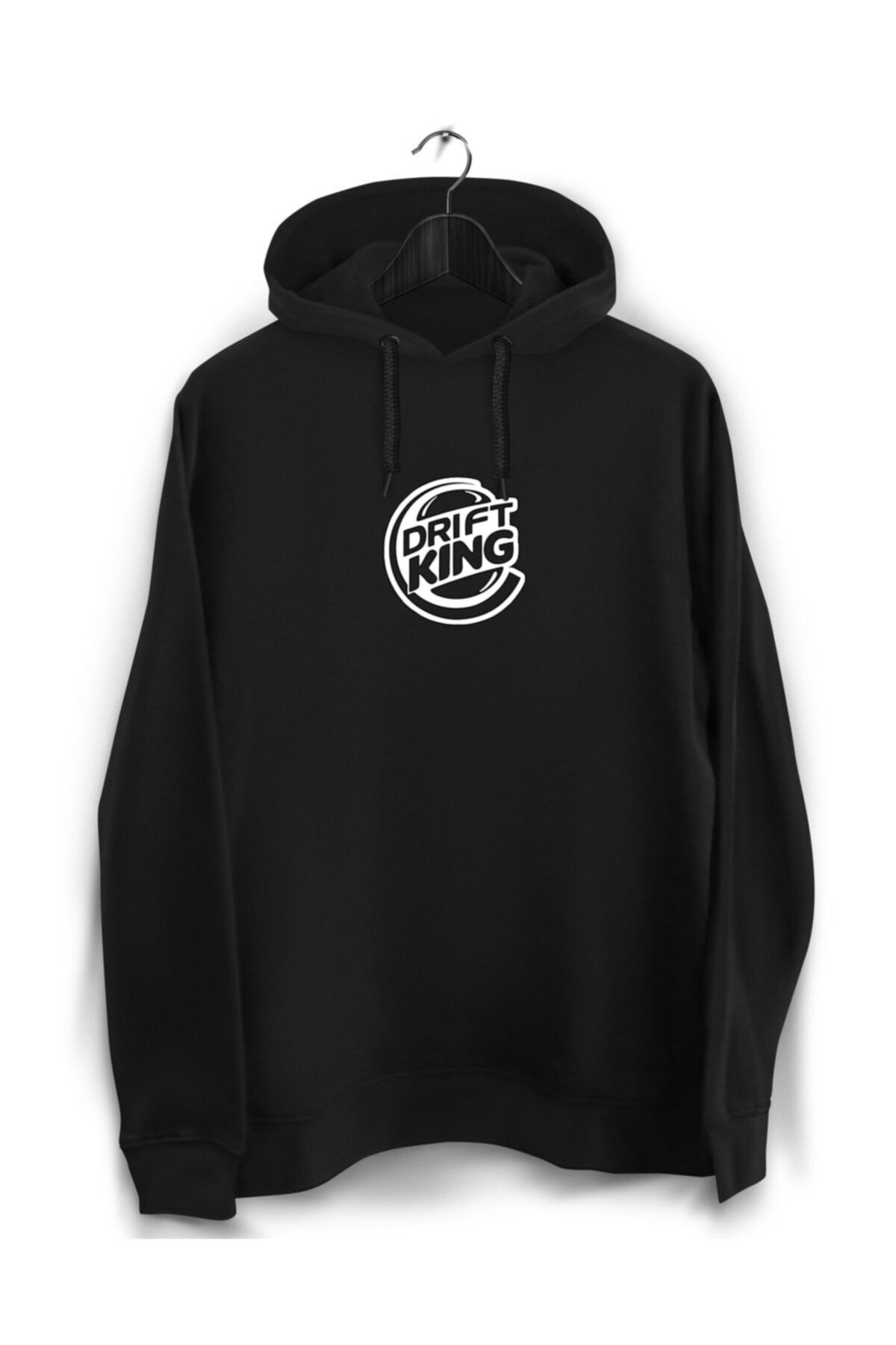 YEACHY Unisex Siyah Araba Ve Drift Serisi - Drift King Baskılı Kapüşonlu Sweatshirt