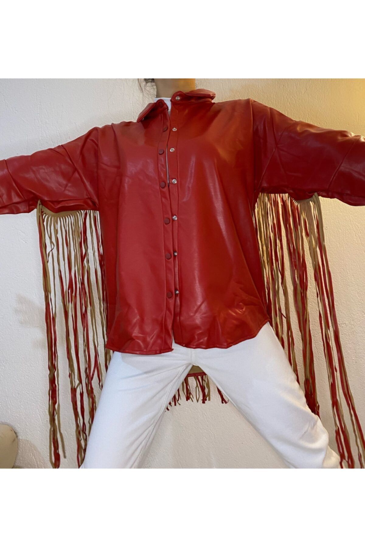 Alin's Outlet Kırmızı Deri Püsküllü Ceket