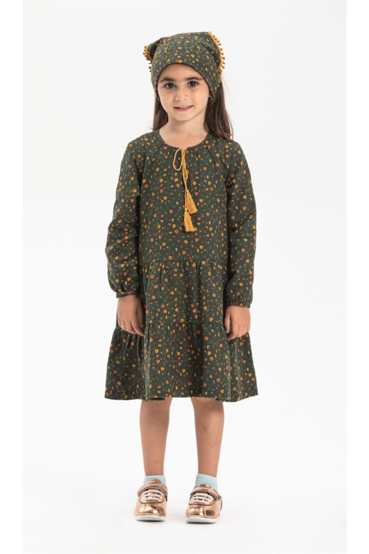Eliş Şile Bezi Uzun Kol Pazen Alya Çocuk Elbise Çıtır Desen Yeşil