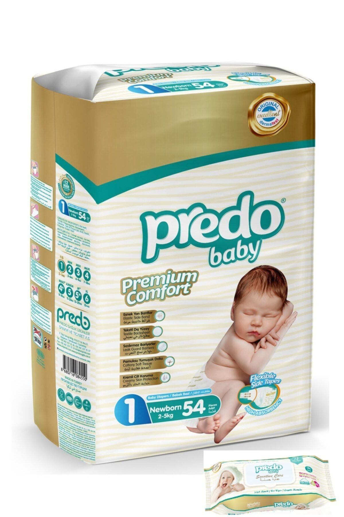 PREDO Premium Comfort Bebek Bezi 1 Numara 54 Adet + Islak Mendil 72 Adet