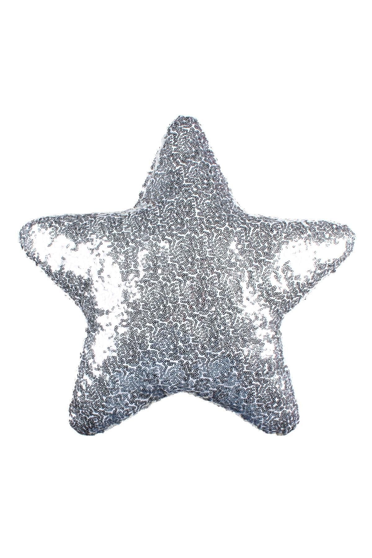 Bc Home Gümüş Yıldız Şekilli Pullu Payetli Dekoratif Yastık, Kırlent ( Iç Dolgulu)