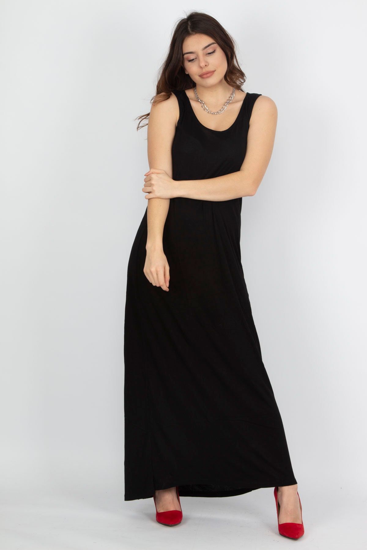 Şans Tekstil Kadın Siyah Uzun Viskon Elbise 85N5237