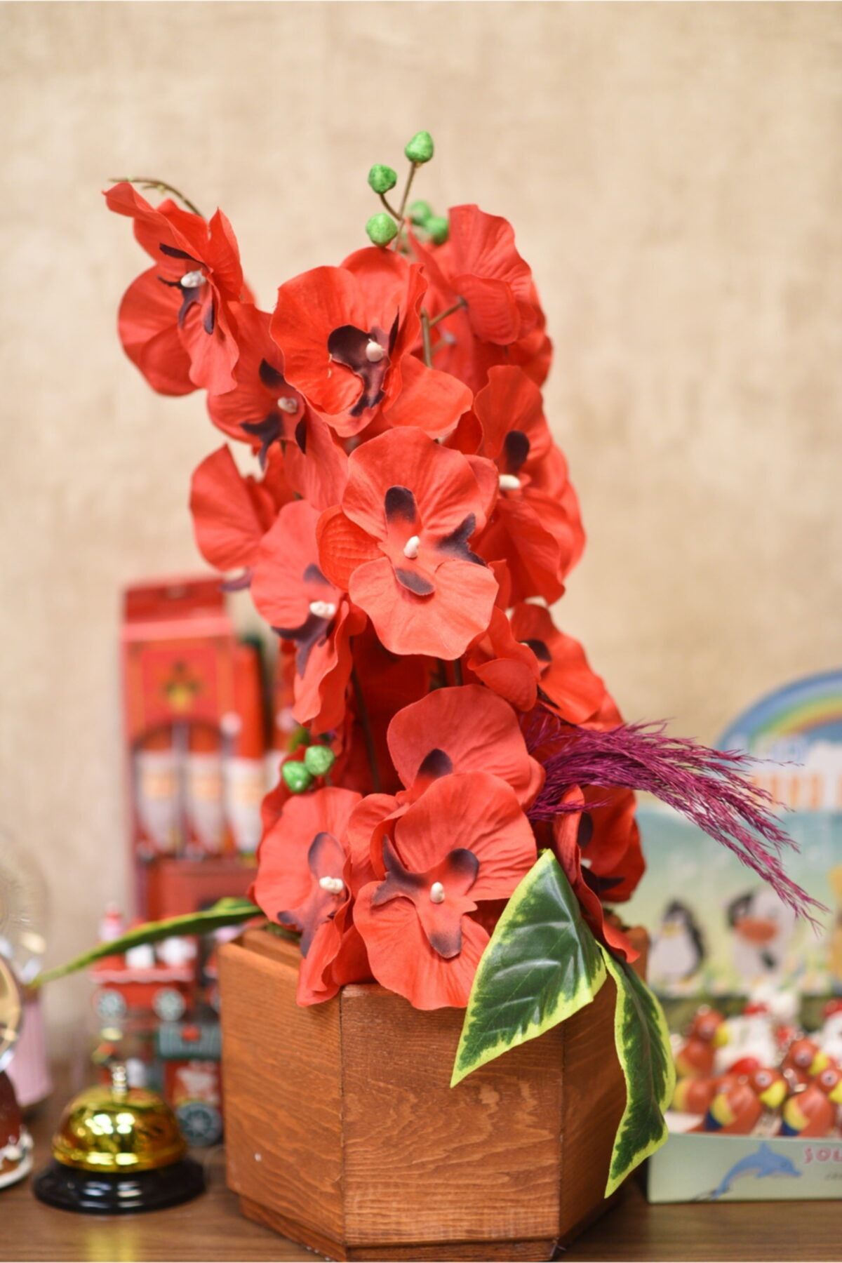 studyosercan2 Yapay Çiçek Orkide Alt Tabak Ahşap Boy 45 Cm 3 Dal Kırmızı