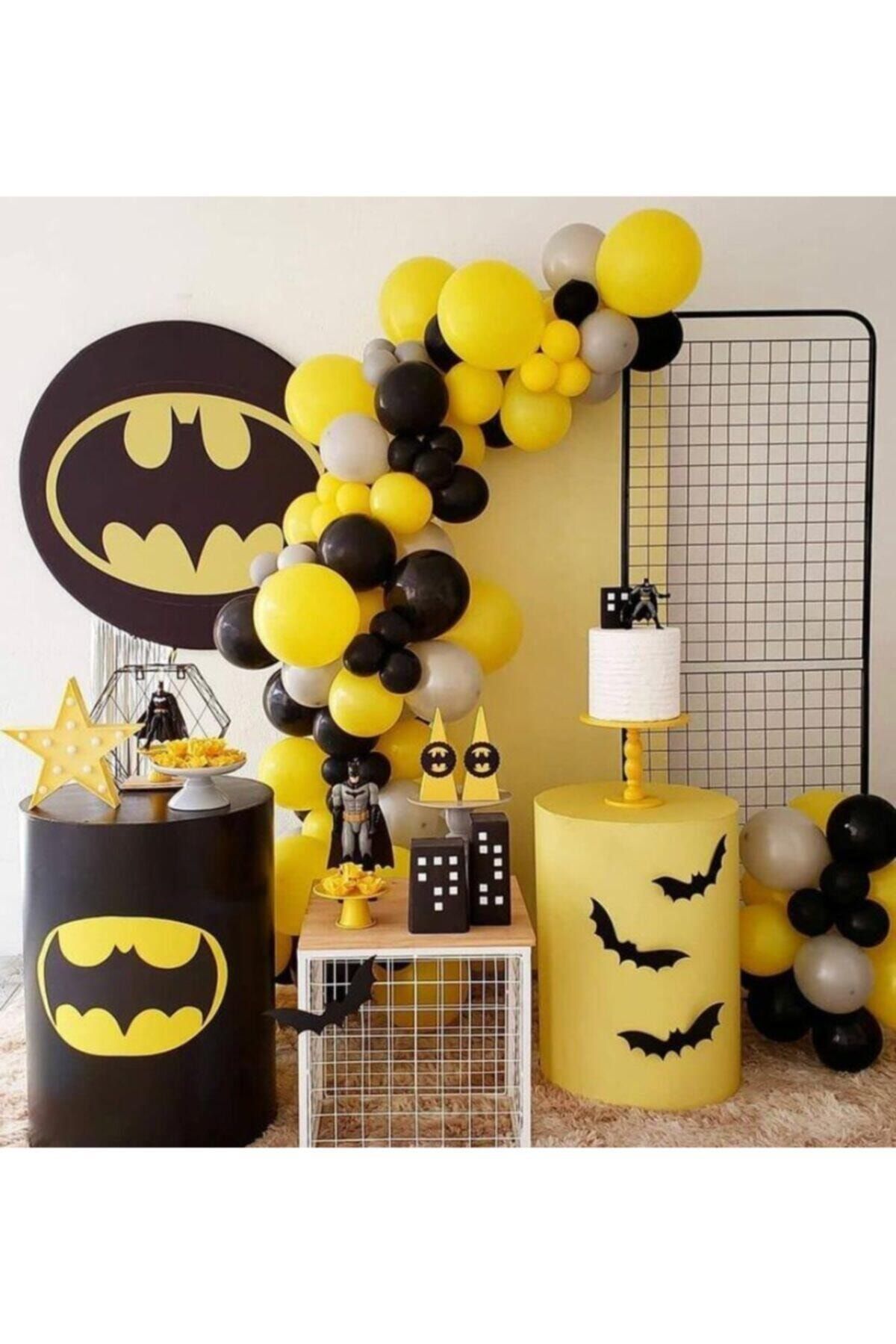 BalonEvi Pastel Sarı Siyah Gri Batman Konsept Balon Zincir
