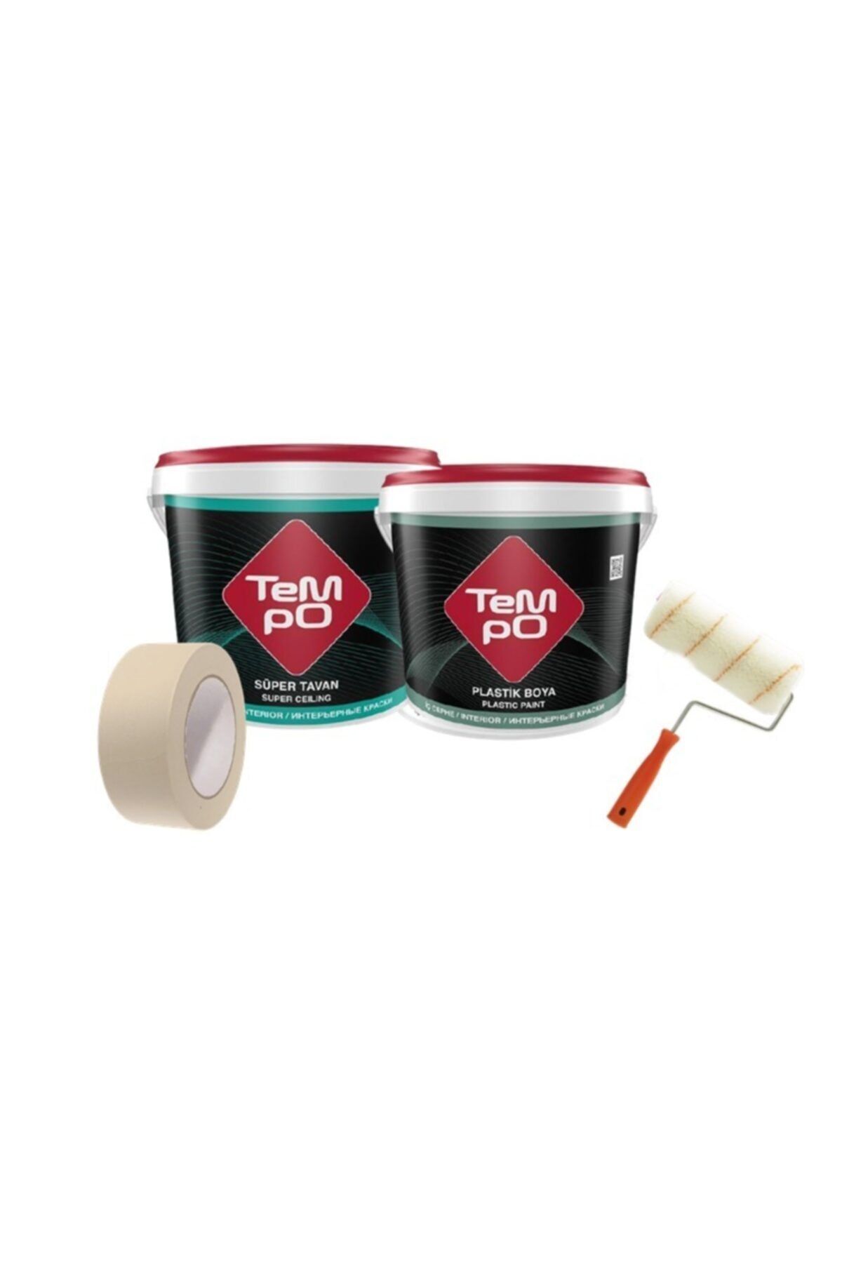 Tempo Tempo Plastik 20 Kg Iç Cephe Boyası Tüm Renkler + 17,5 Kg Beyaz Tavan Boyası + Boyama Rulosu Ve Mask