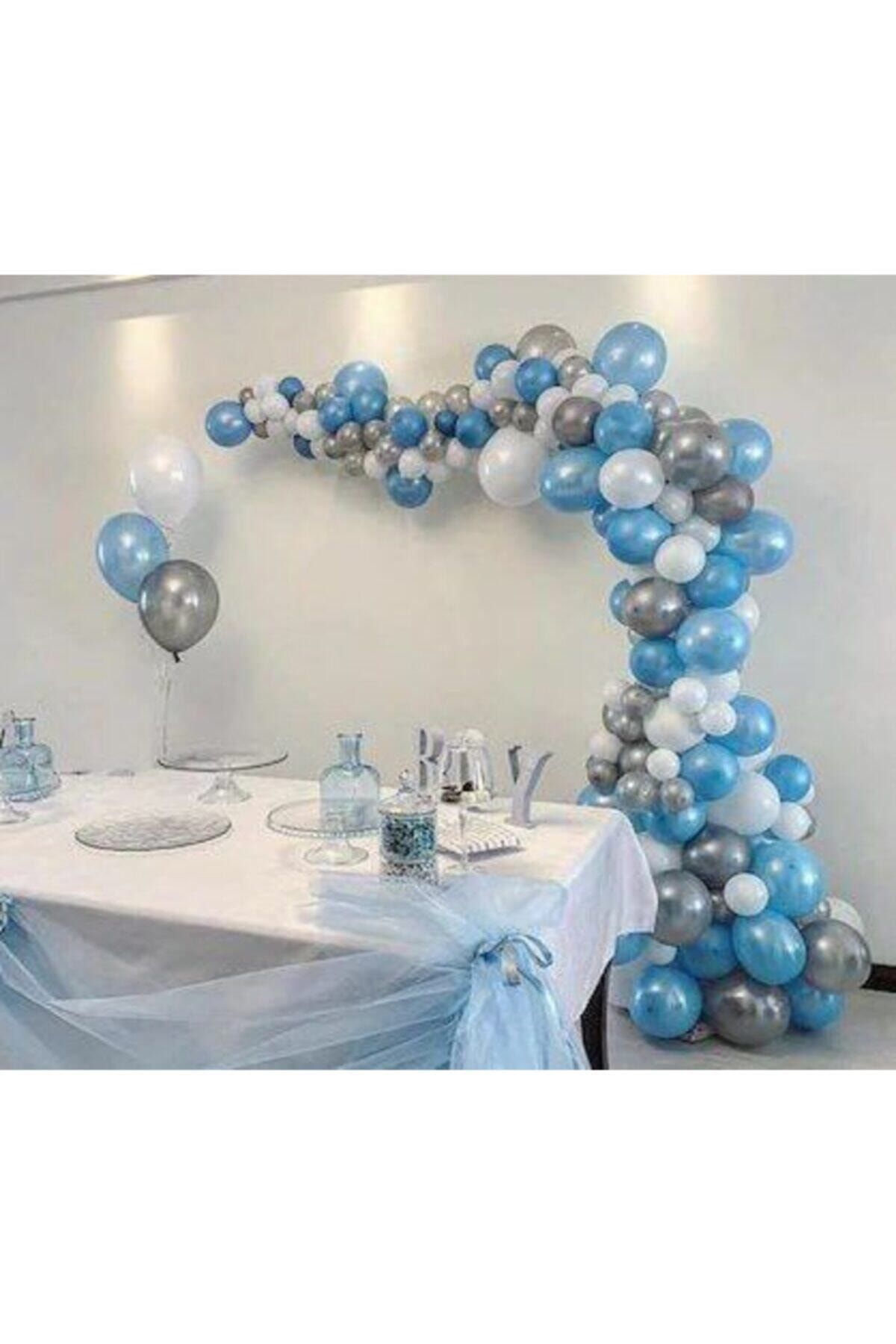 Parti Dolabı Konsept 100 Adet Metalik Balon Ve 5 Metre Balon Zinciri Mavi Gümüş Beyaz