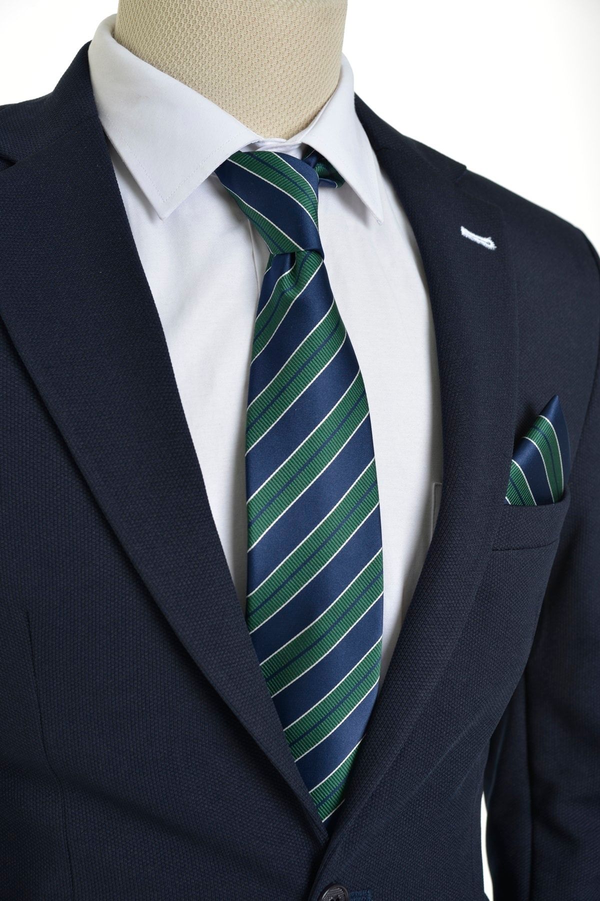 Brianze Erkek Lacivert Yeşil Çizgili Mendilli Kravat