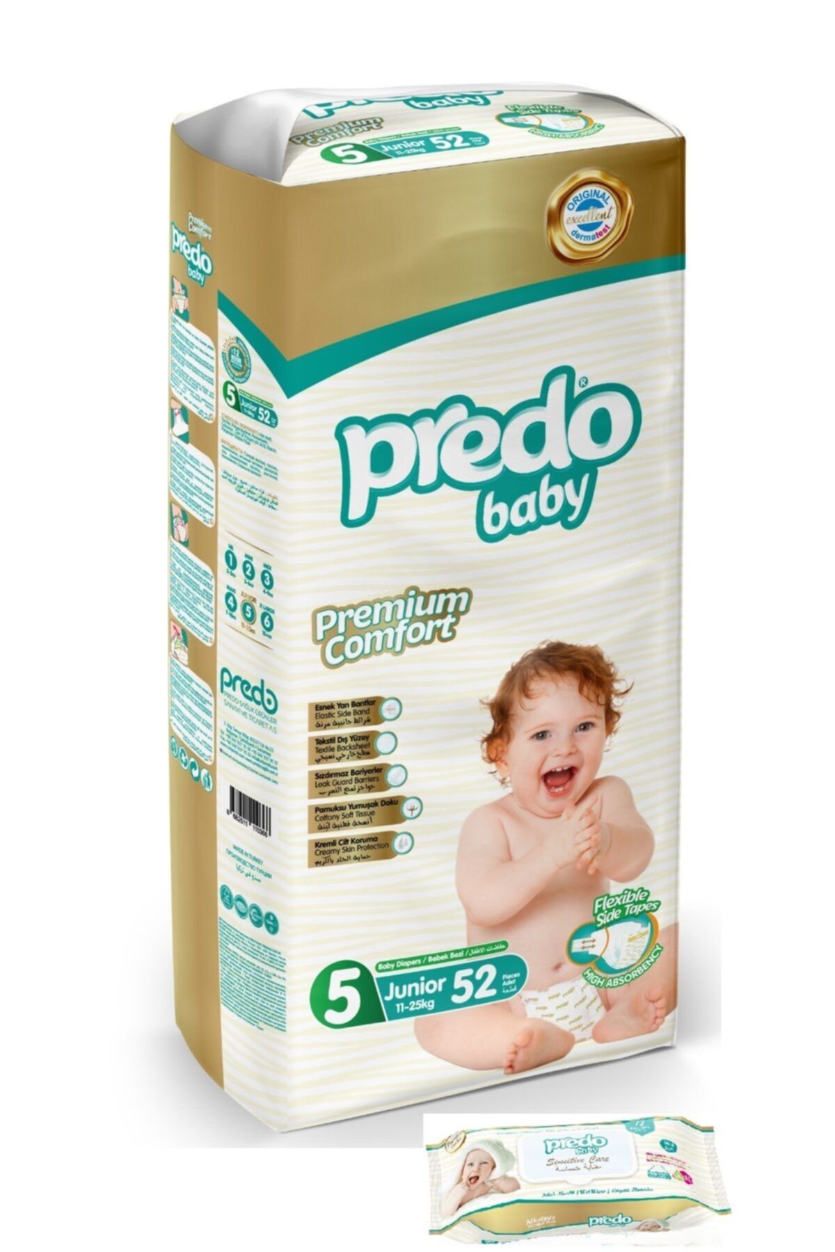 PREDO Premium Comfort Bebek Bezi 5 Numara 52 Adet + Islak Mendil 72 Adet