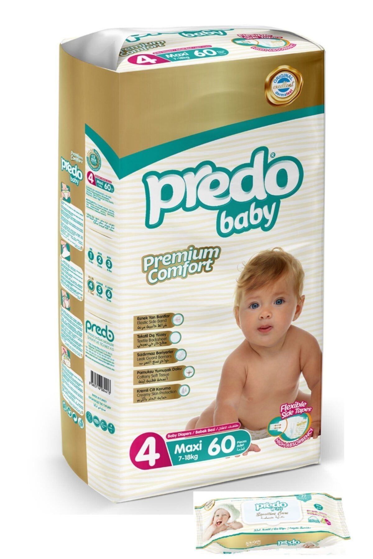 PREDO Premium Comfort Bebek Bezi 4 Numara 60 Adet Islak Mendil 72 Adet