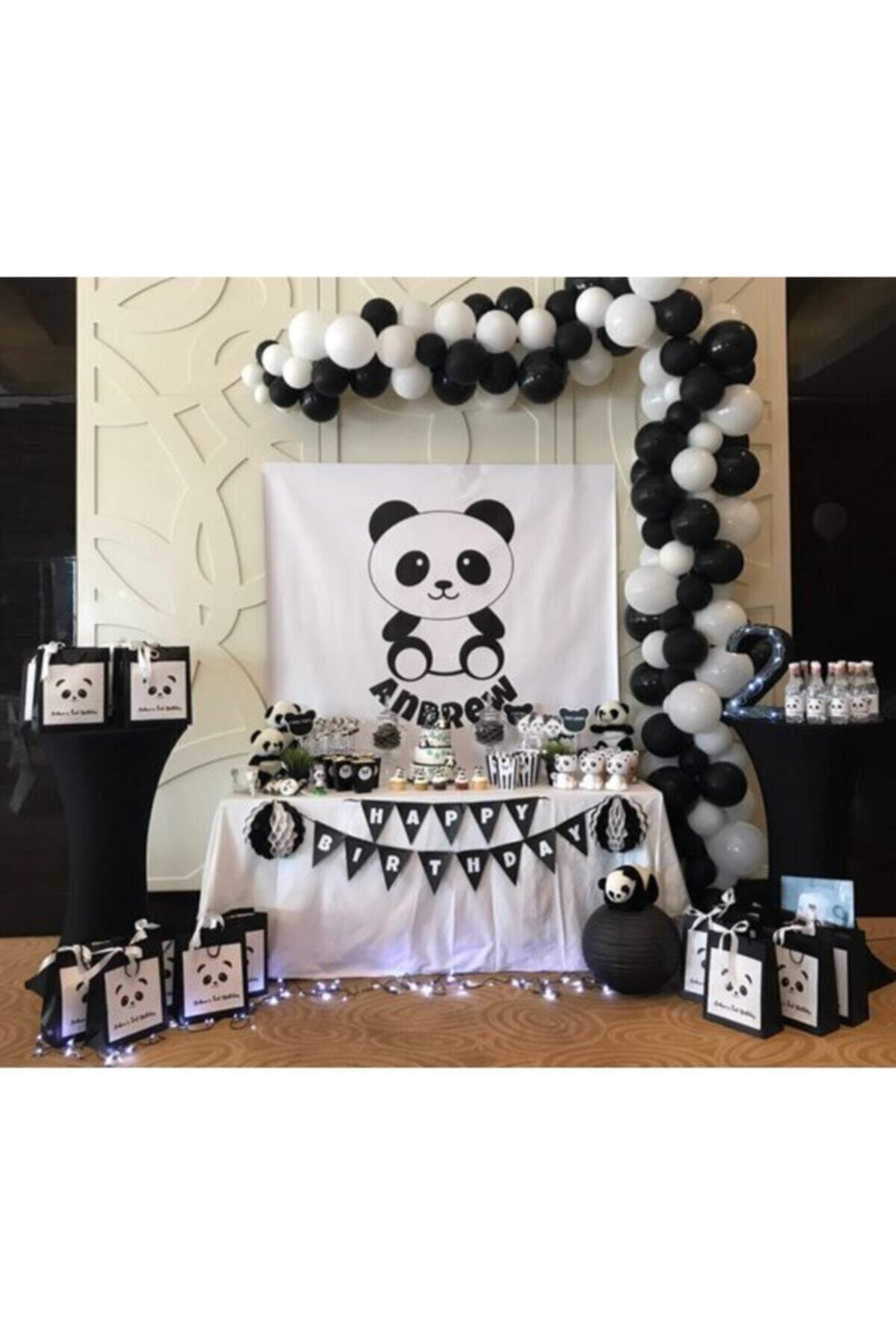 BalonEvi Panda Konsept 50 Beyaz 50 Siyah Balon Ve Balon Zinciri