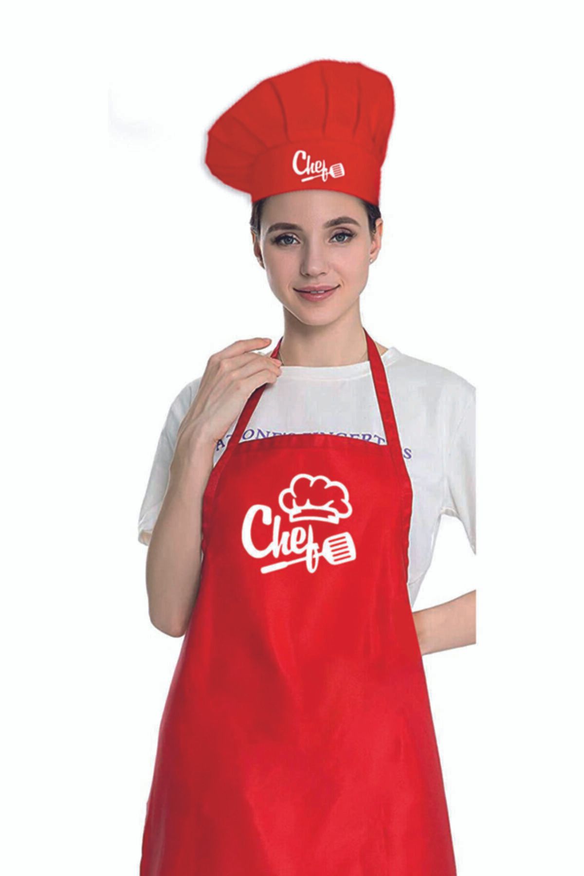 enmalife Kırmızı Chef Aşçı Şapkalı Mutfak Önlüğü