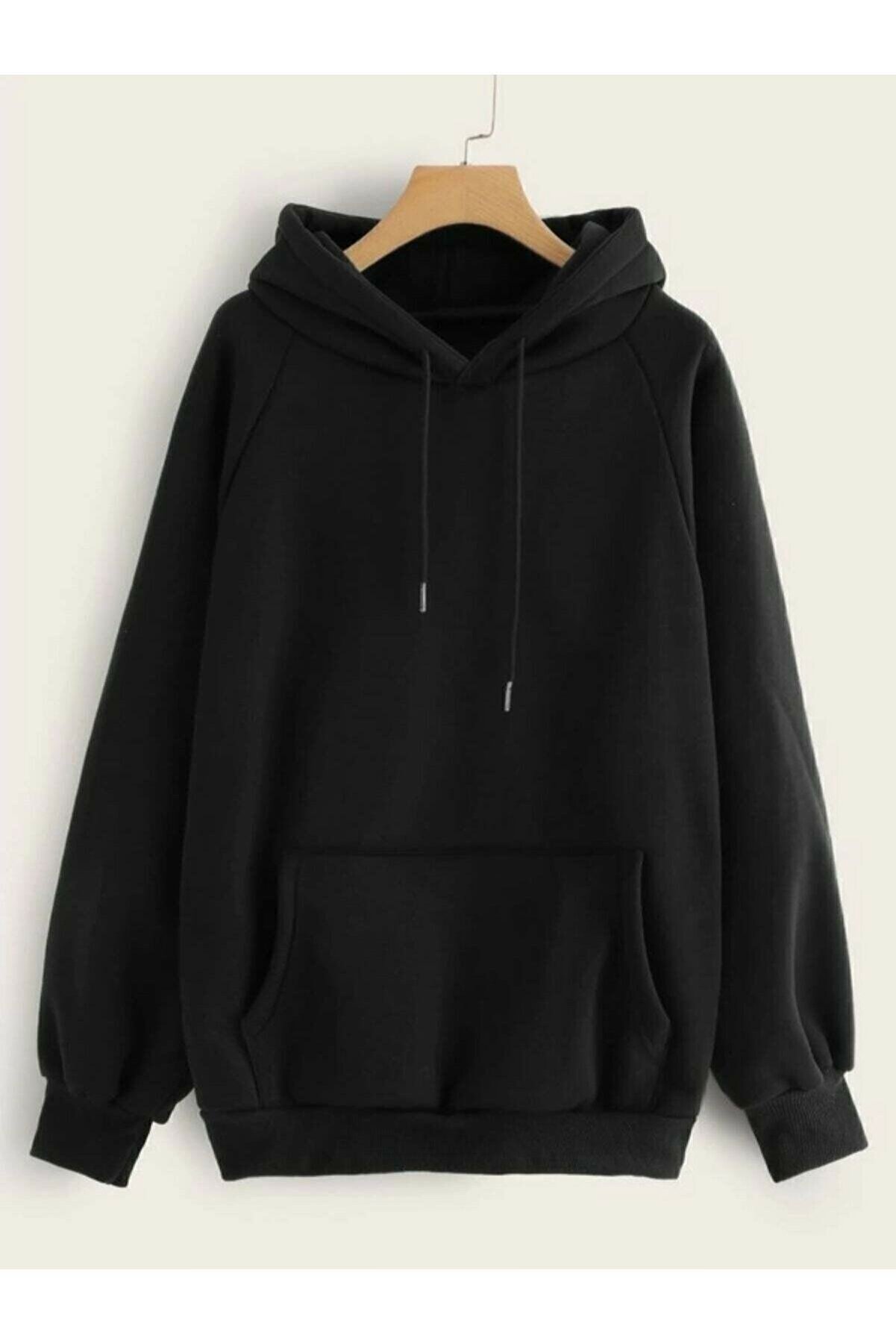 bee's store Unisex Siyah Kapüşonlu Kangru Cep Oversize Sweatshirt