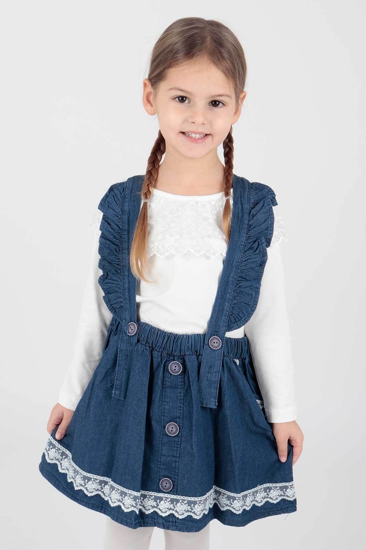 AHENGİM Kız Çocuk Dantelli Trend Jean Slopet Elbise Ak042728