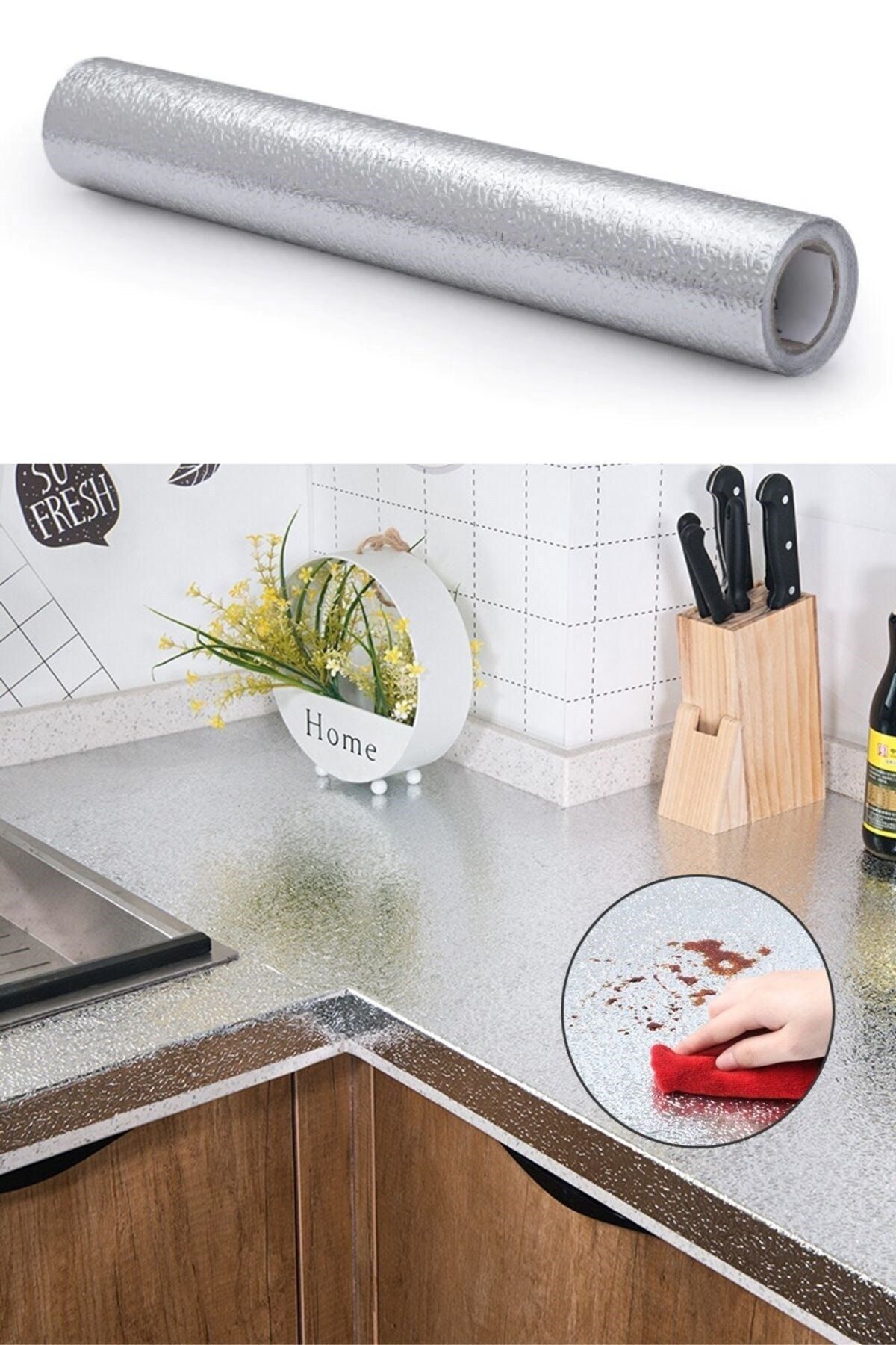 Buffer ® 10 Metre Kendinden Yapışkanlı Silinebilir Mutfak Tezgah Üstü Sticker Folyo Gümüş Renk