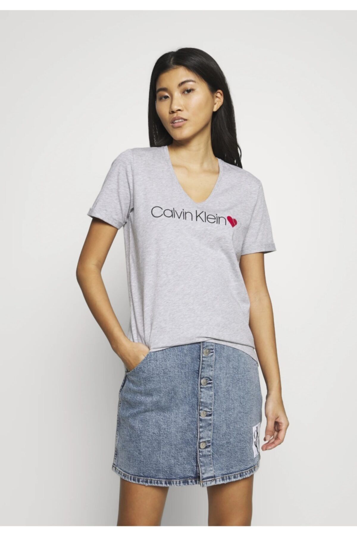 Calvin Klein Organic Cotton V Neck Chest Heart Logo T-shirt For You With Love
