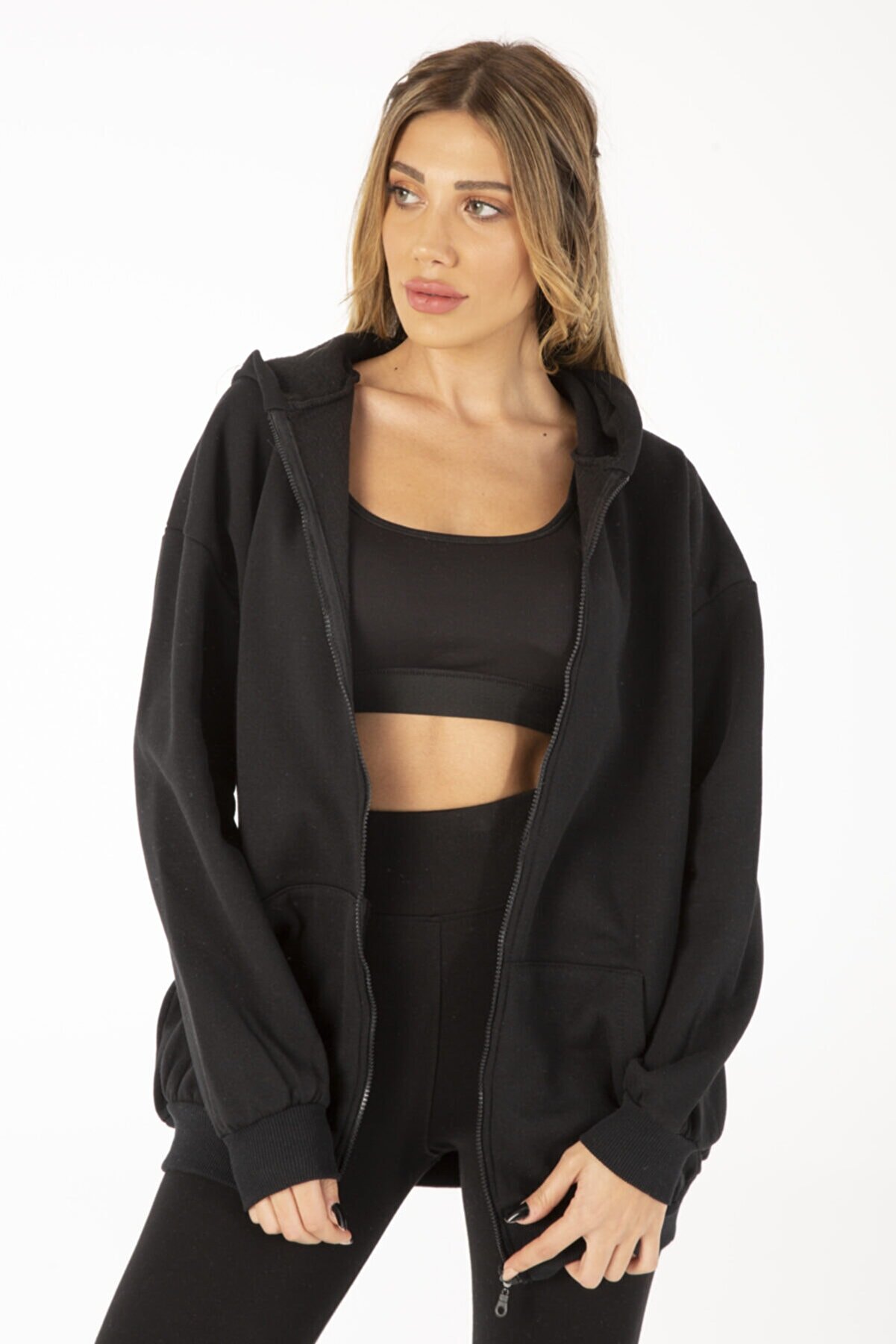 K&H TWENTY-ONE Siyah Kadın Oversize Sweatshirt Fermuarlı