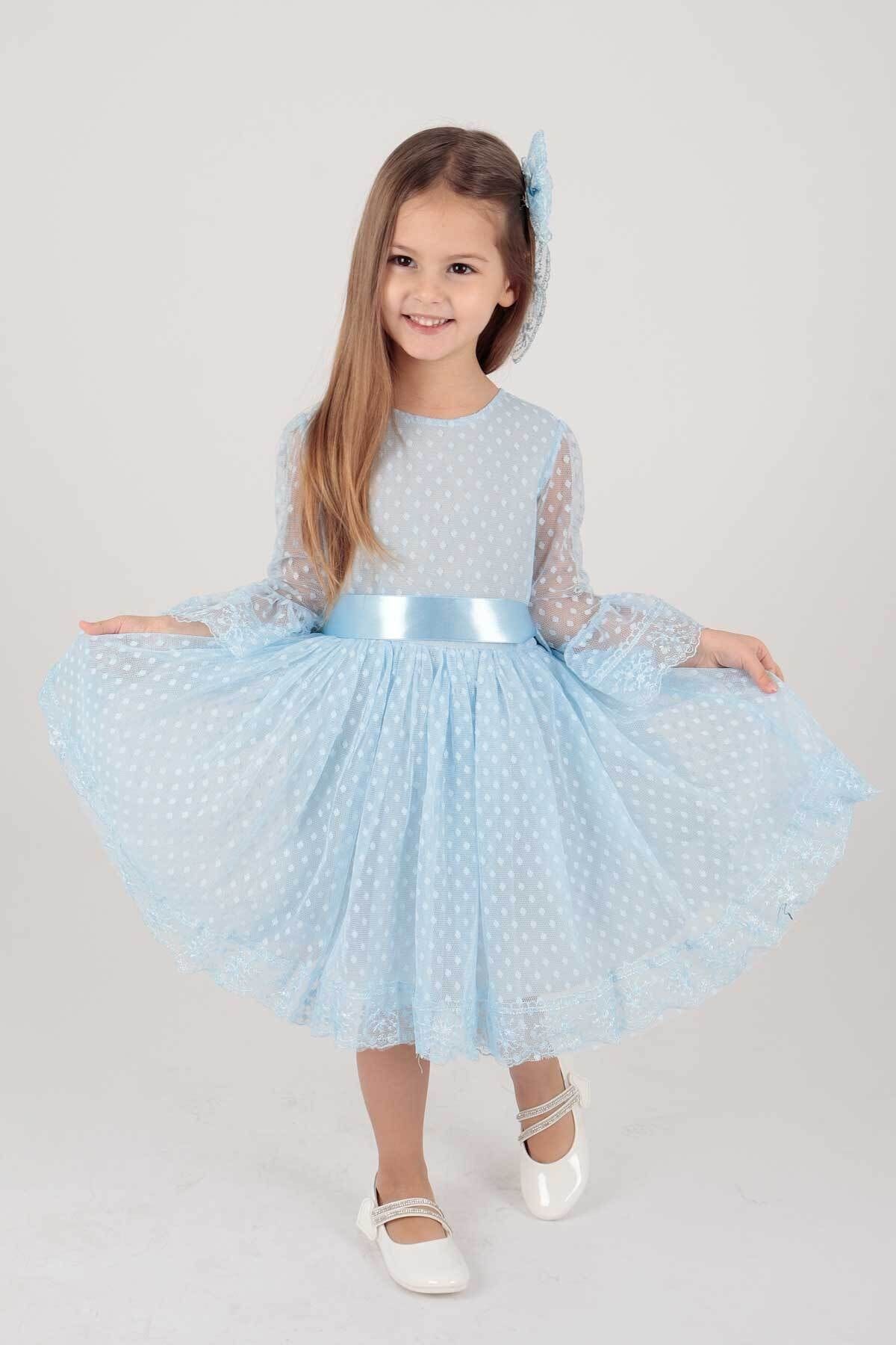 AHENGİM Kız Çocuk Tokalı Ve Tül Dantel Trend Abiye Elbise Ak2209