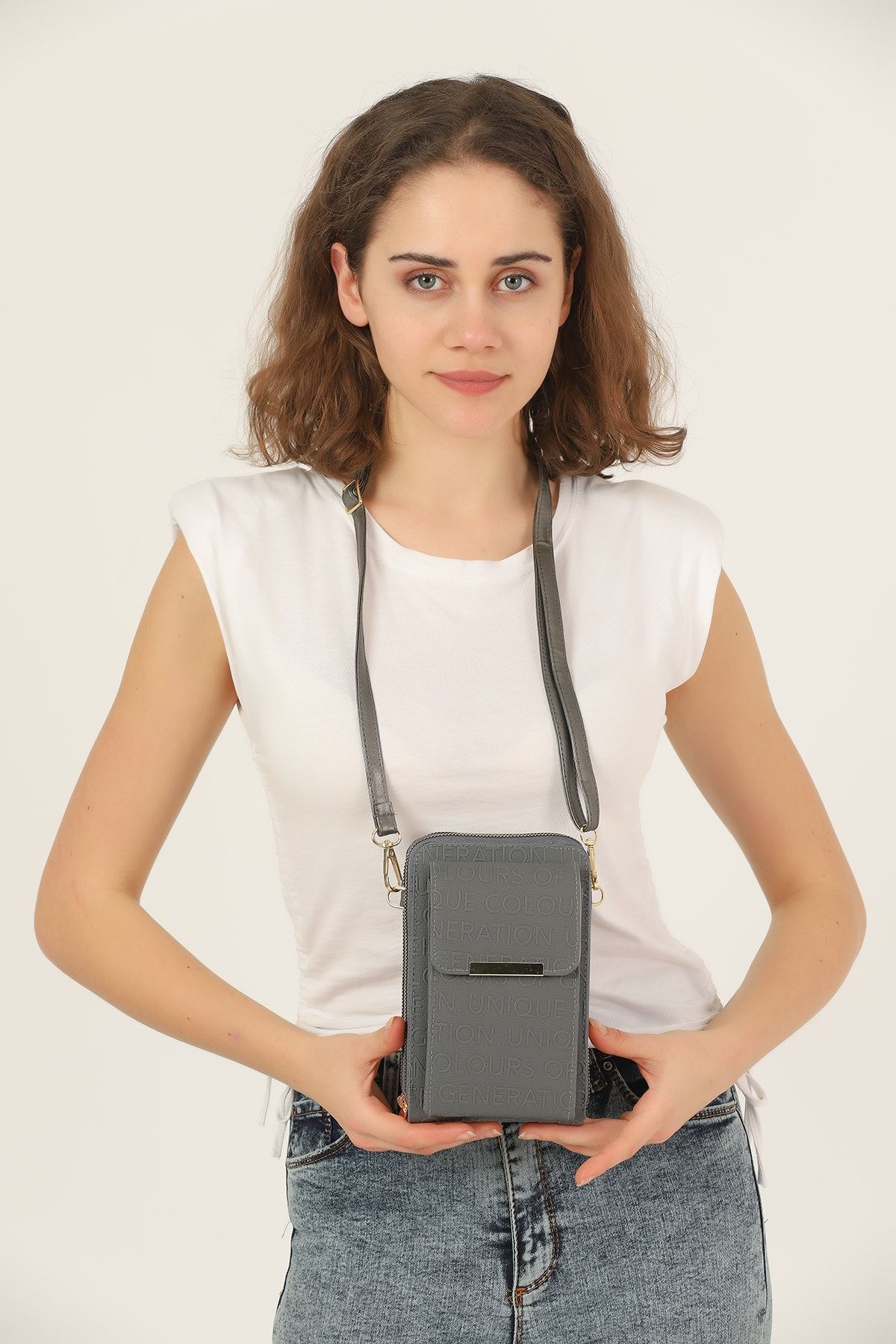 Universal Eşsiz Çanta Gri Kadın Çapraz Askılı Telefon 3 Bölmeli Cüzdan Çanta