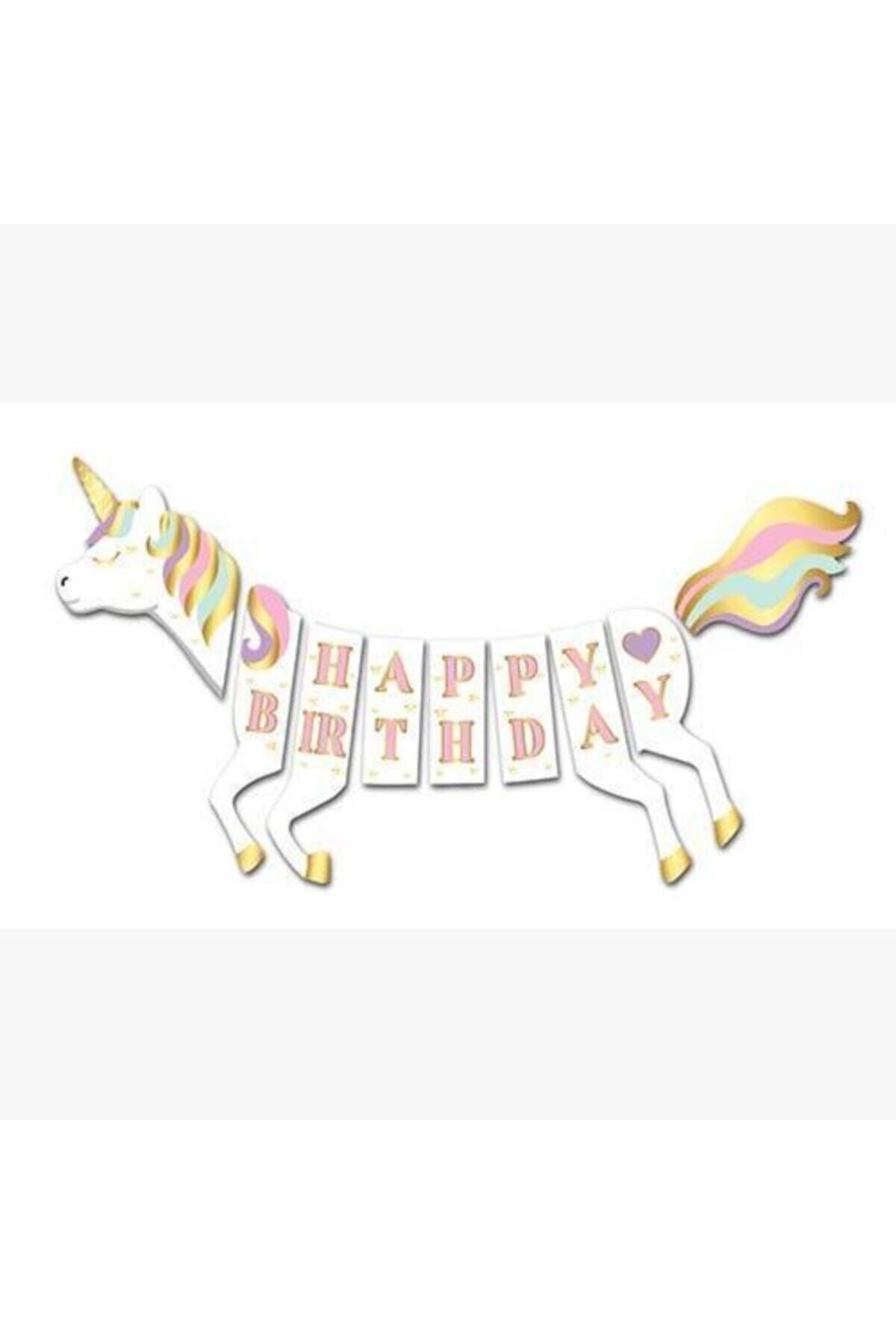 Aşkın Parti Evi Unicorn At Şeklinde Gold Varaklı Happy Bırthday Banner Yazı