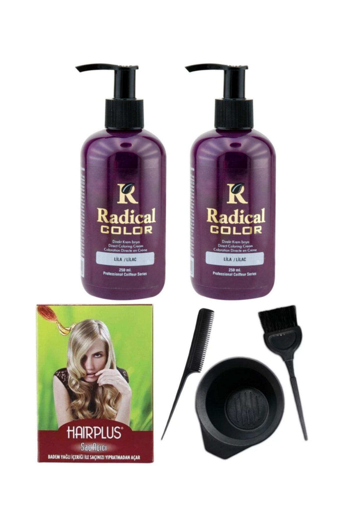Radical Saç Boyası Lila 250ml 2ad, Saç Açıcı Ve Fluweel Saç Boya Kabı Seti