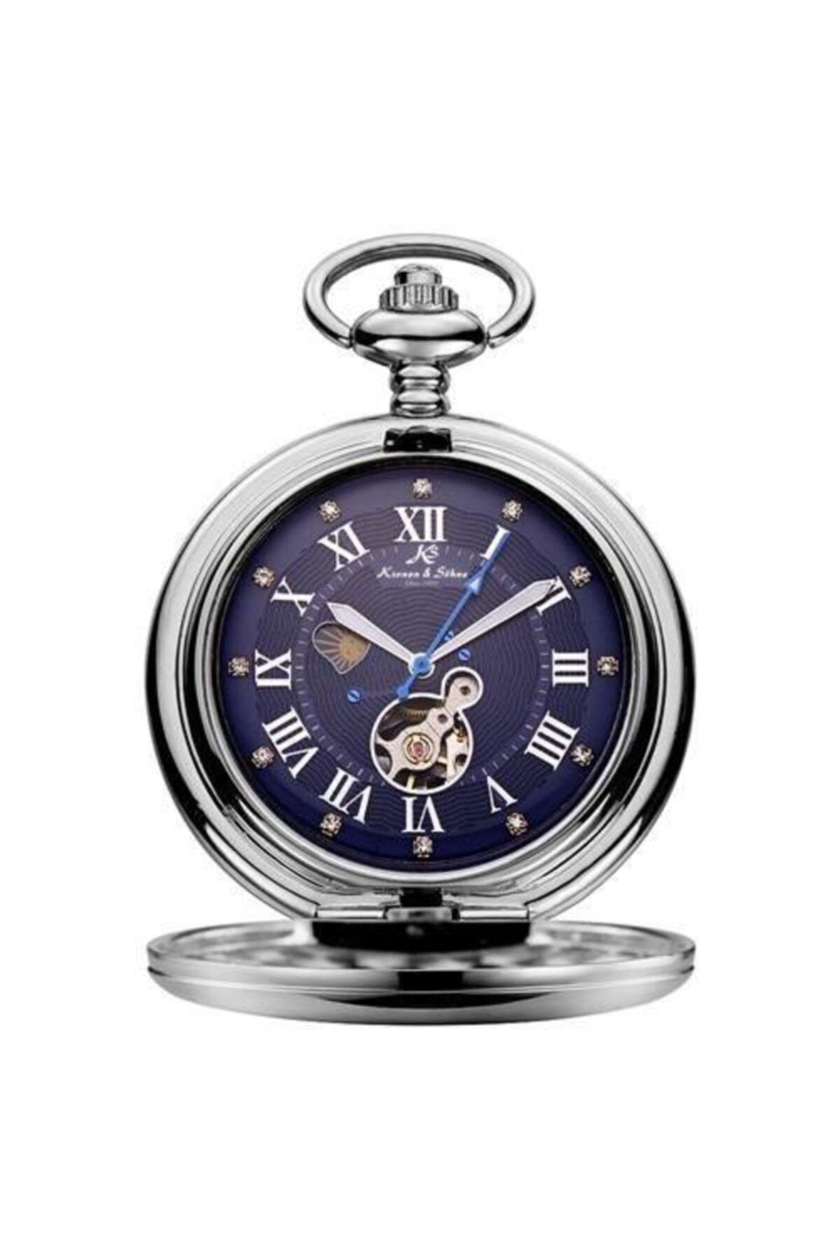 Kronen & Söhne Ksp04 Alman Otomatik Kurmalı Mehtaplı Mavi Gümüş Köstekli Cep Saati