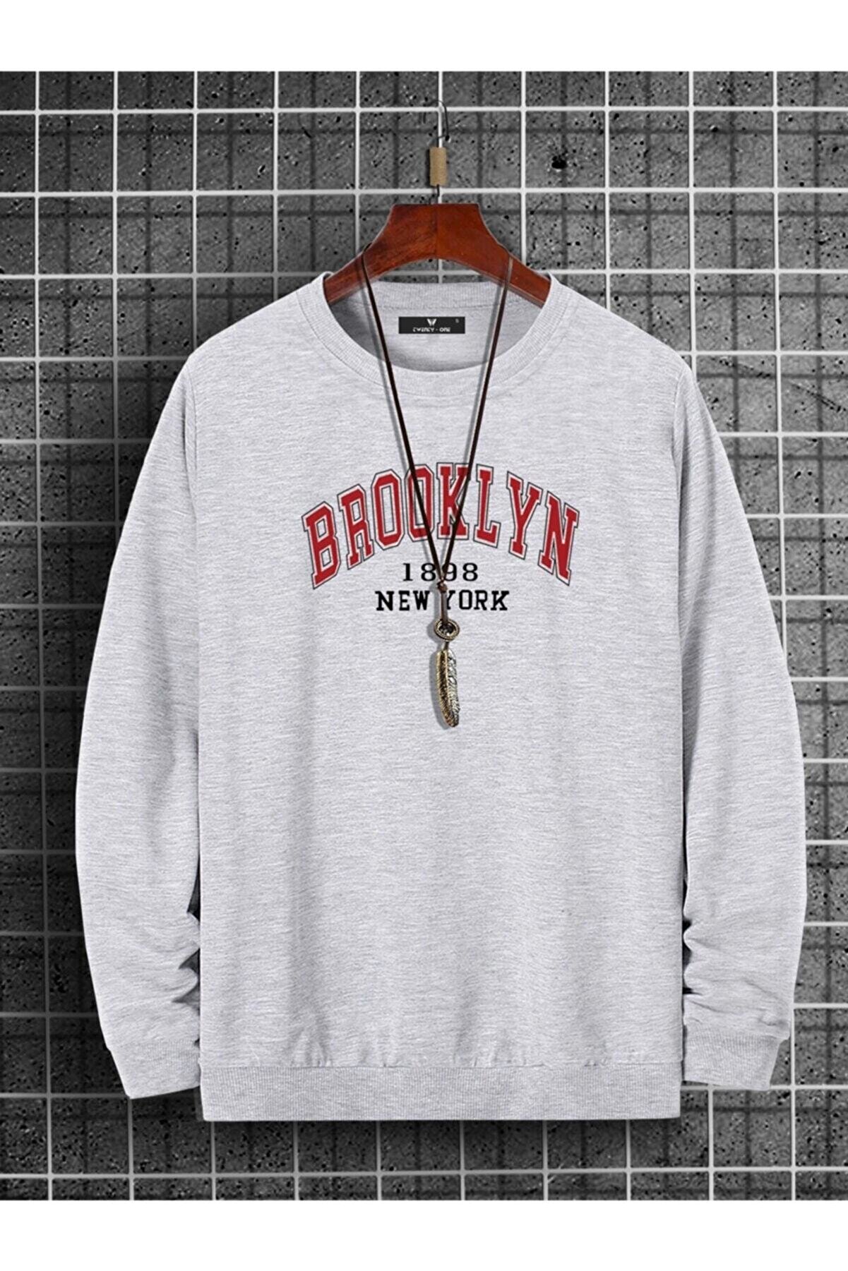 Know Erkek Brooklyn Baskili Gri Oversize Sweatshirt