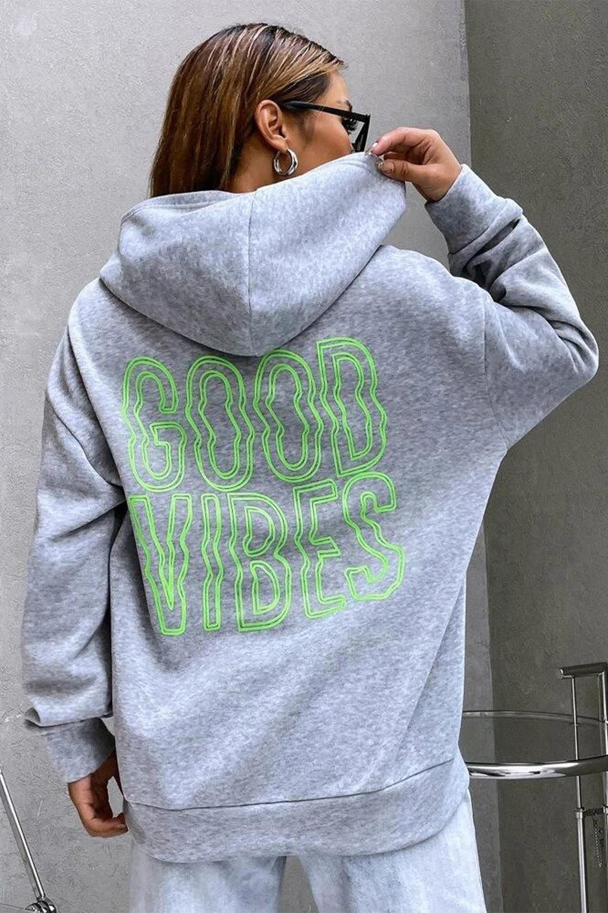 BAHELS Kadın Gri Good Vibes Oversize Kapüşonlu Sweatshirt
