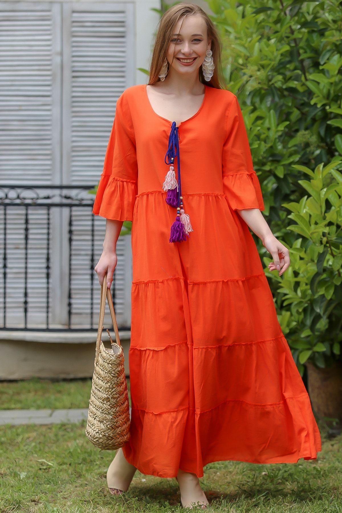 Chiccy Kadın Turuncu Vintage Oversize El Yapımı Mix Renkli Püskül Detaylı Elbise M10160000El97016