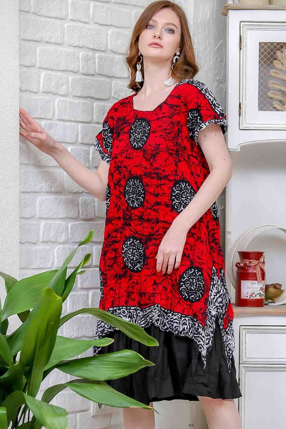 Chiccy Kadın Kırmızı-Siyah Bohem Dev Mühür Desenli Astarlı Tülbent Elbise M10160000EL97127