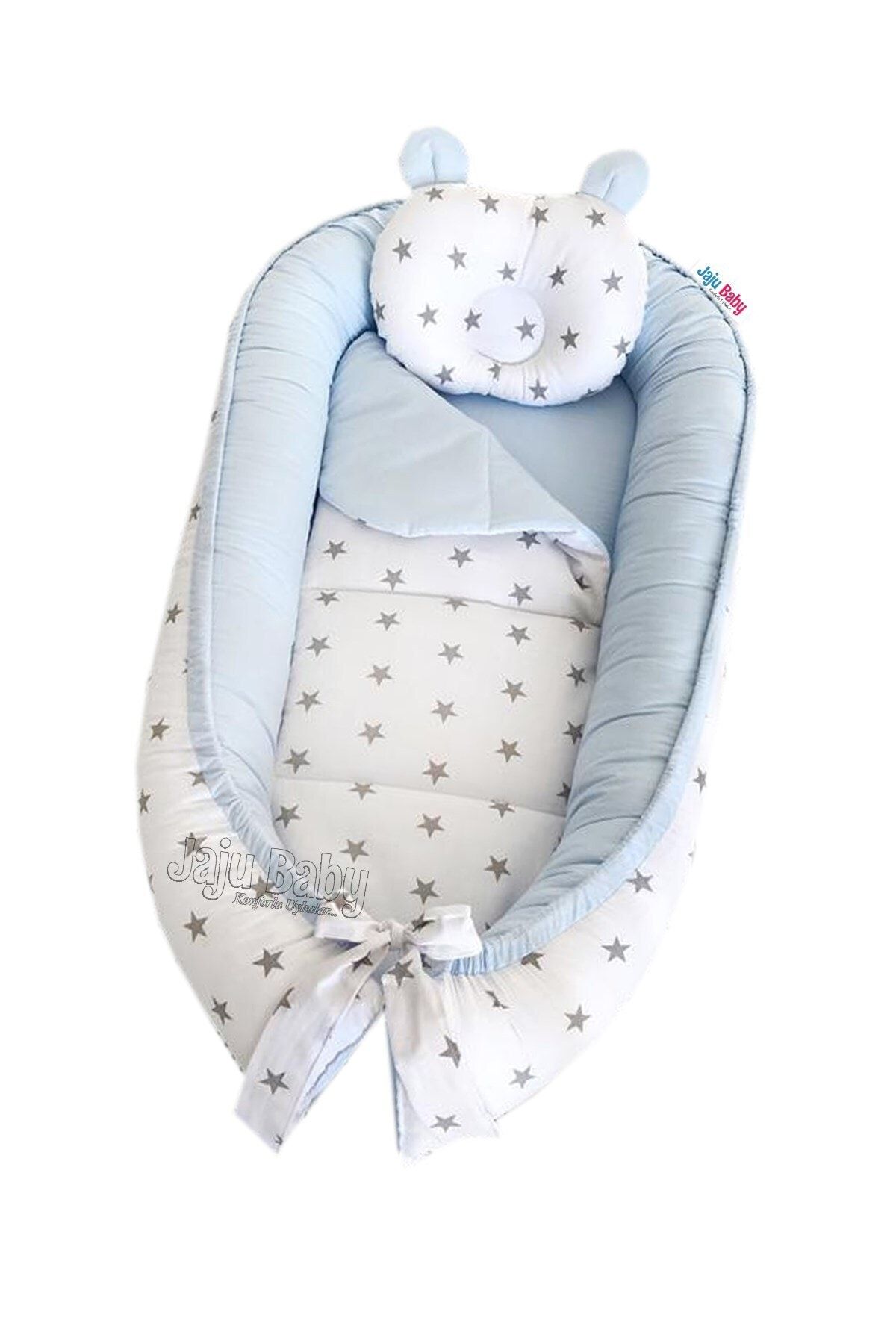 Jaju Baby Nest Mavi-gri Yıldızlı Lüx Portatif Jaju-babynest Anne Yanı Bebek Yatağı