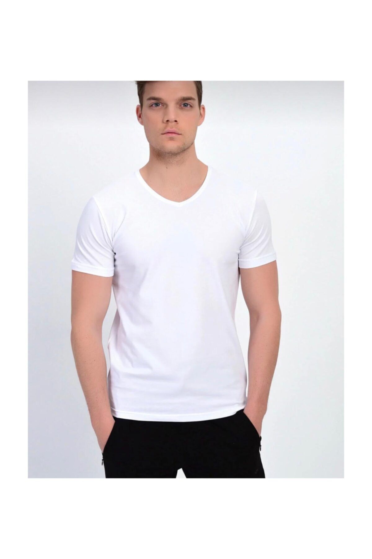 Dynamo Erkek Beyaz V Yaka Likralı Basic T-shirt Klr Gym T-339