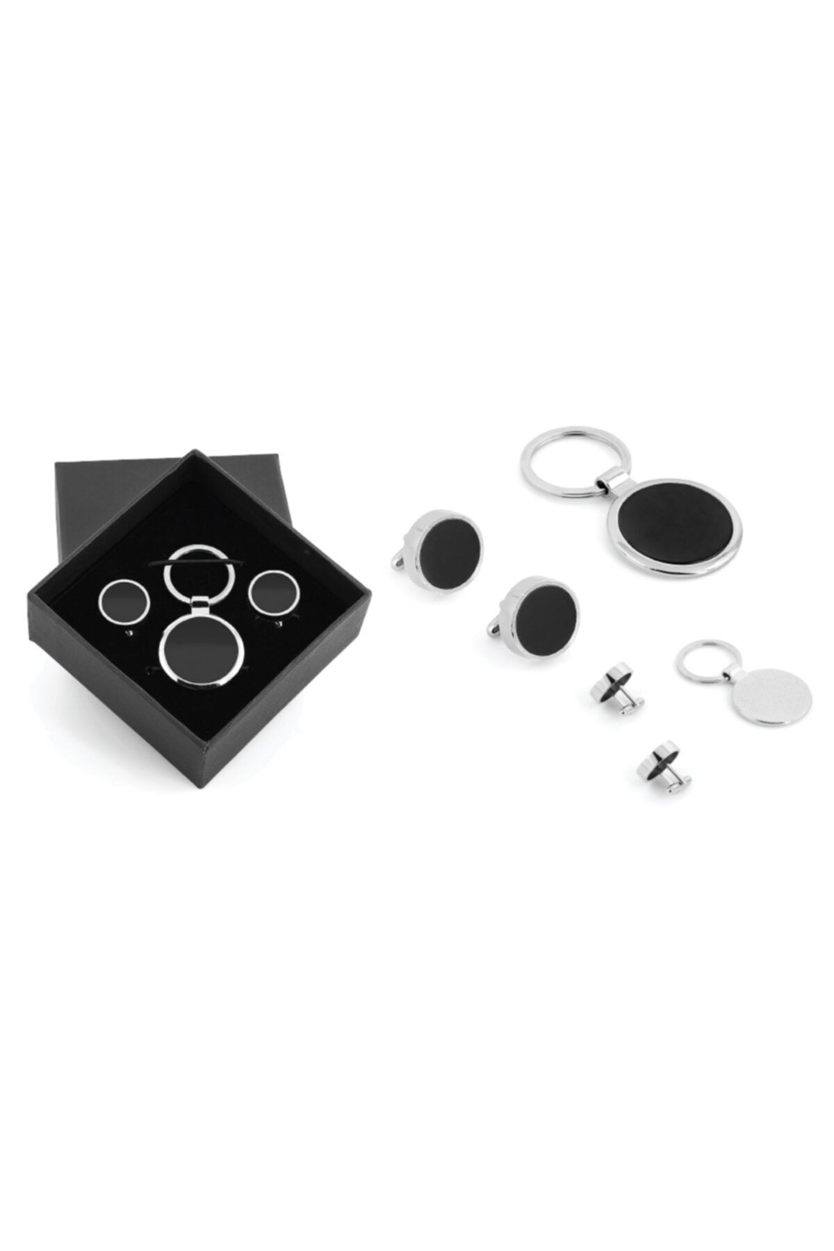 Genel Markalar Hediyelik Siyah Kutulu Metal Anahtarlık Kol Düğmeli Set