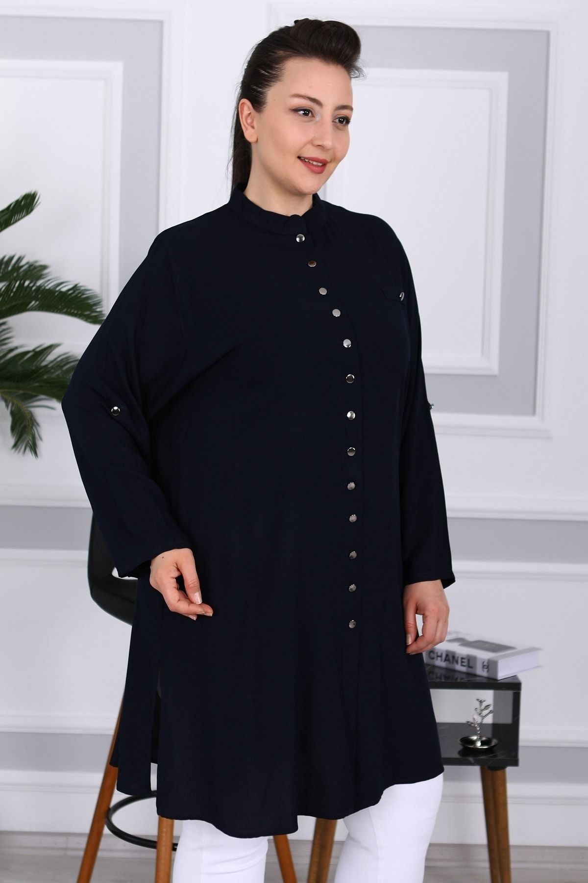 XL Modam Kadın Büyük Beden Düğmeli Lacivert Tunik