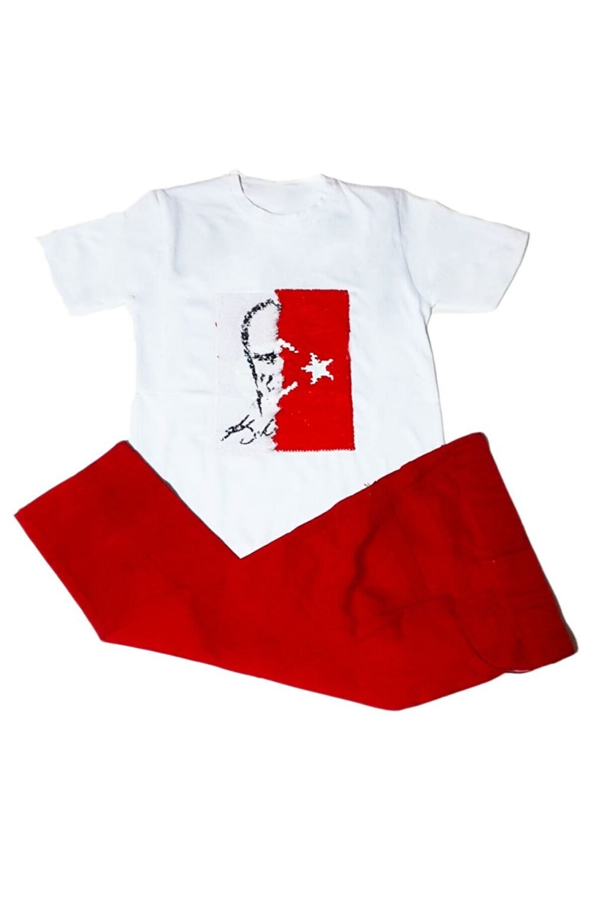 Nisu Tasarım Erkek  Çocuk Atatürk Bayrak Çift Taraflı Pullu Tişört Ve Kırmızı Pantolon
