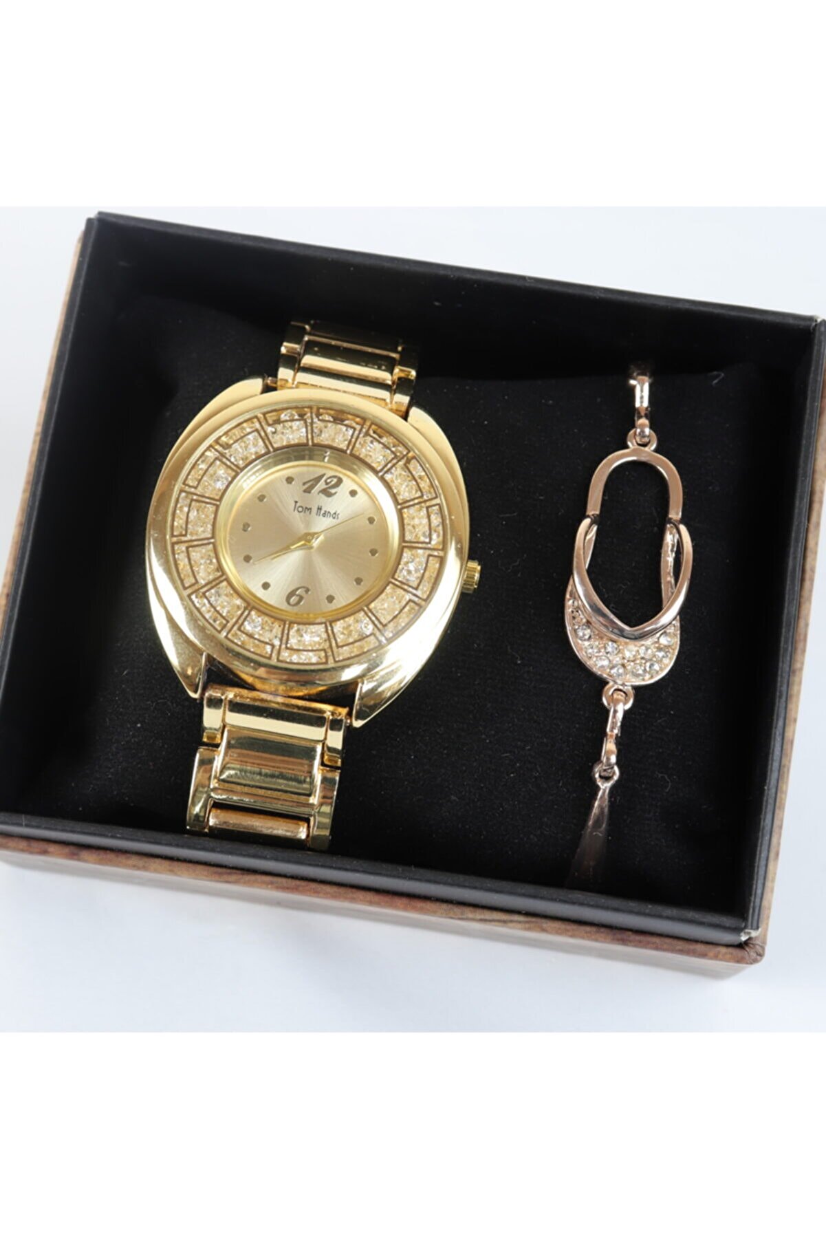 Tom Hands Kadın Altın Renk İçi Taşlı Kol Saati+Bileklik