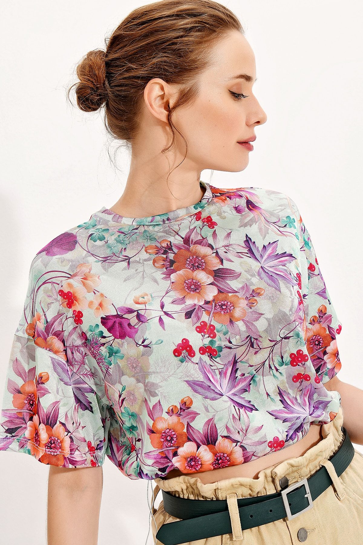 Trend Alaçatı Stili Kadın Mint Çiçek Desenli Beli Kordonlu Crop T-Shırt Alc-020-078