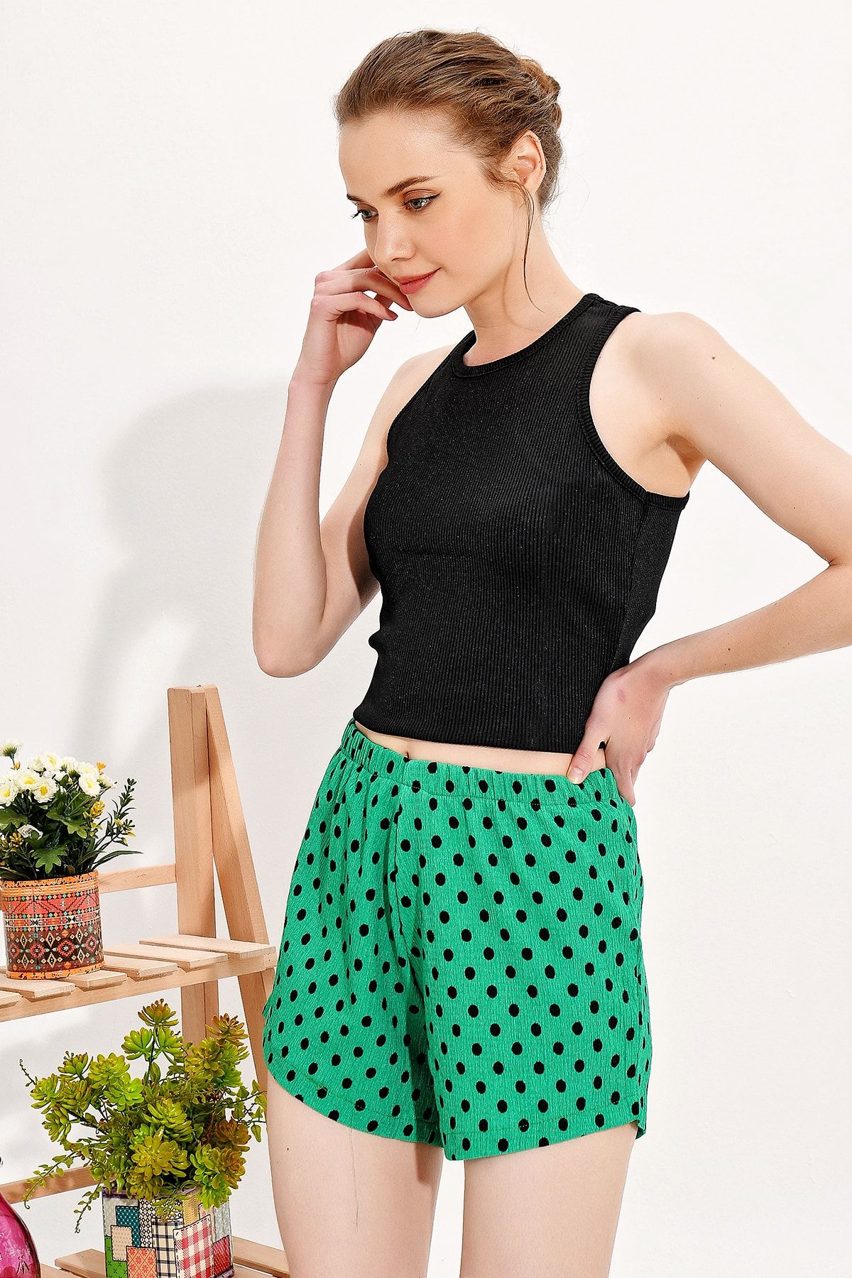 Trend Alaçatı Stili Kadın Yeşil Crop Şortlu İkili Takım Alc-X4250